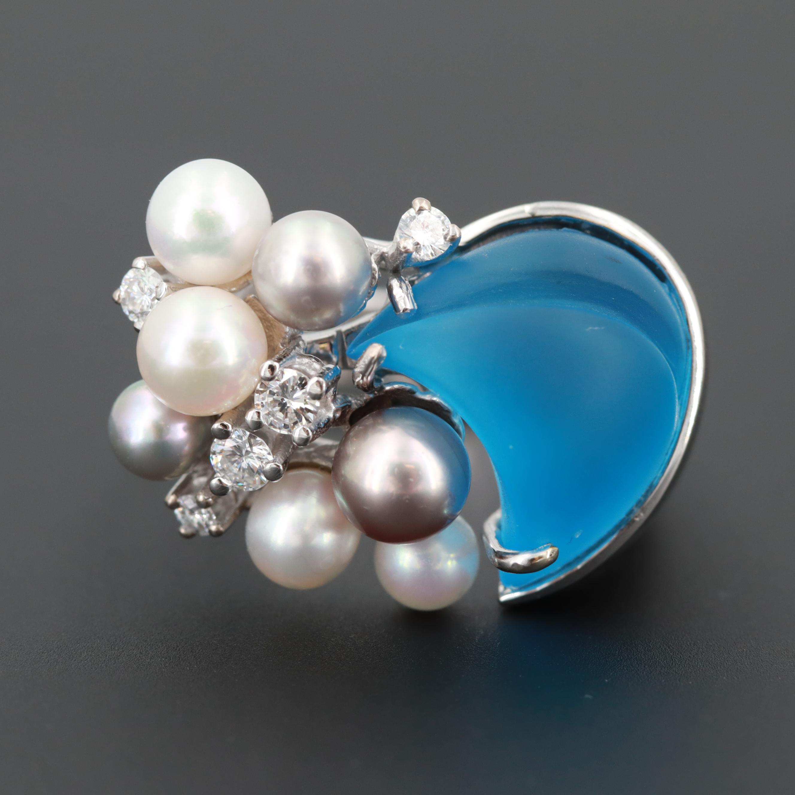 18K White Gold Blue Topaz, Diamond and Cultured Pearl Ring
