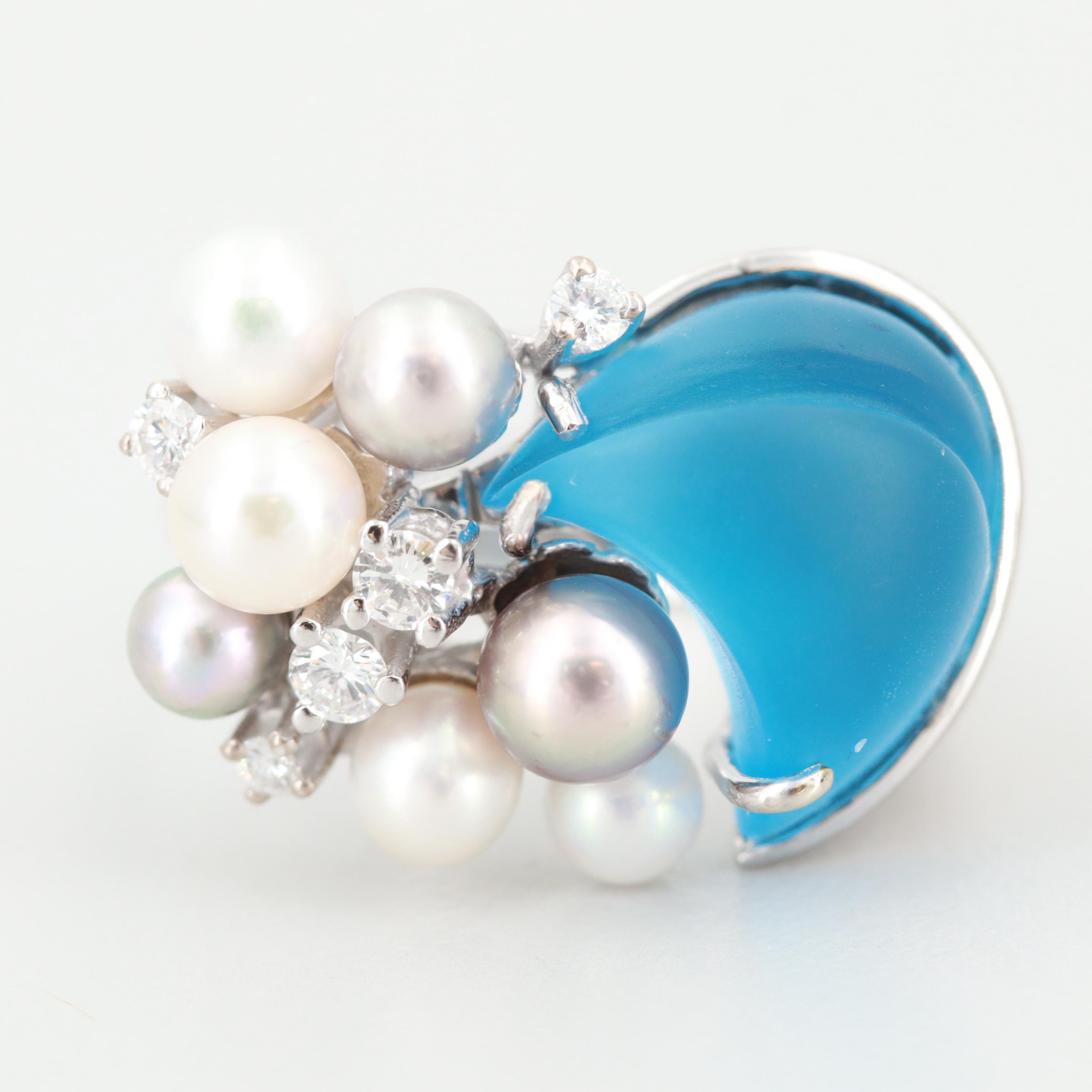 18K White Gold Blue Topaz, Diamond and Cultured Pearl Ring