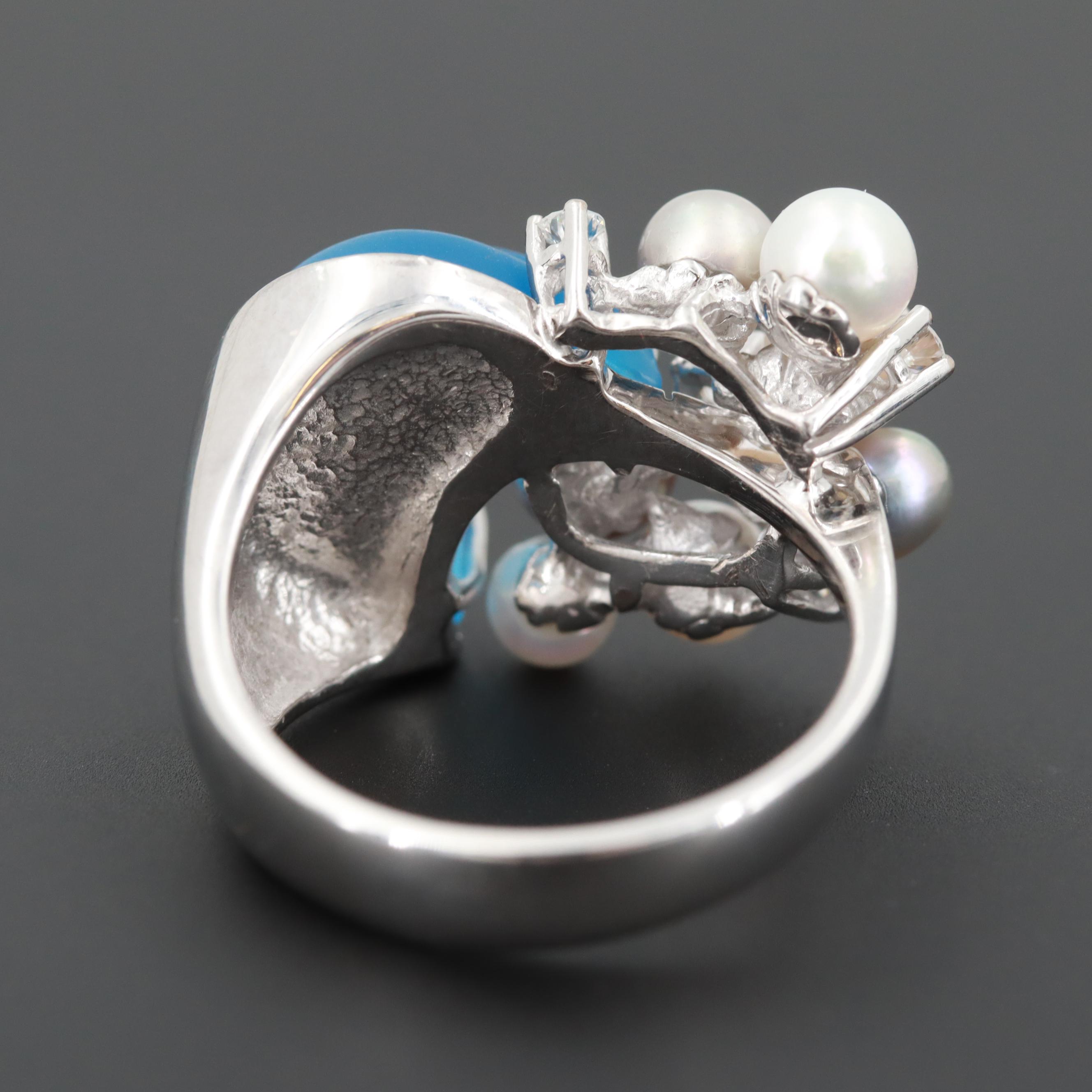 18K White Gold Blue Topaz, Diamond and Cultured Pearl Ring