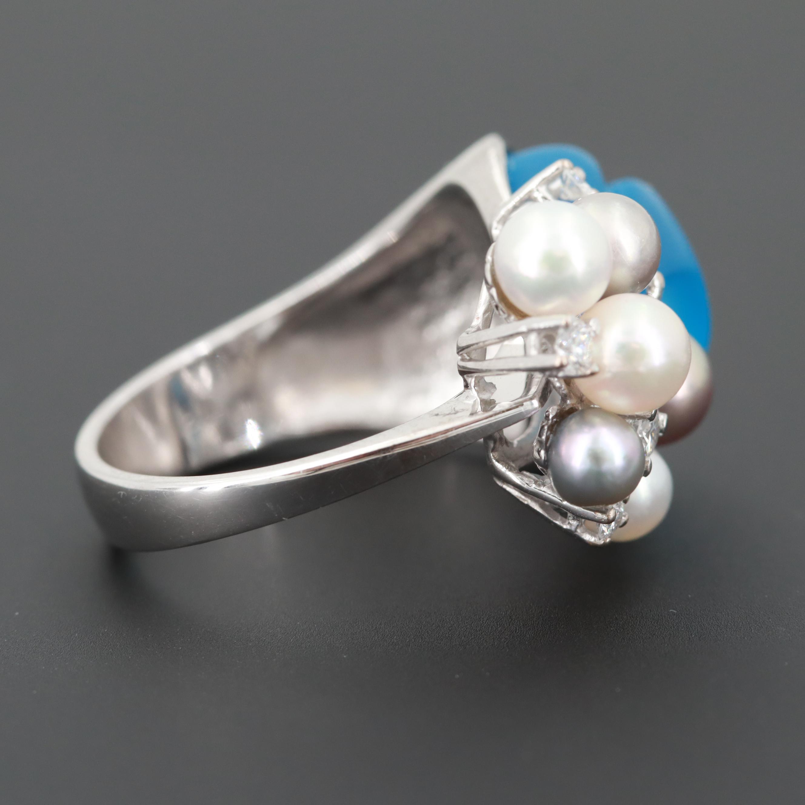 18K White Gold Blue Topaz, Diamond and Cultured Pearl Ring