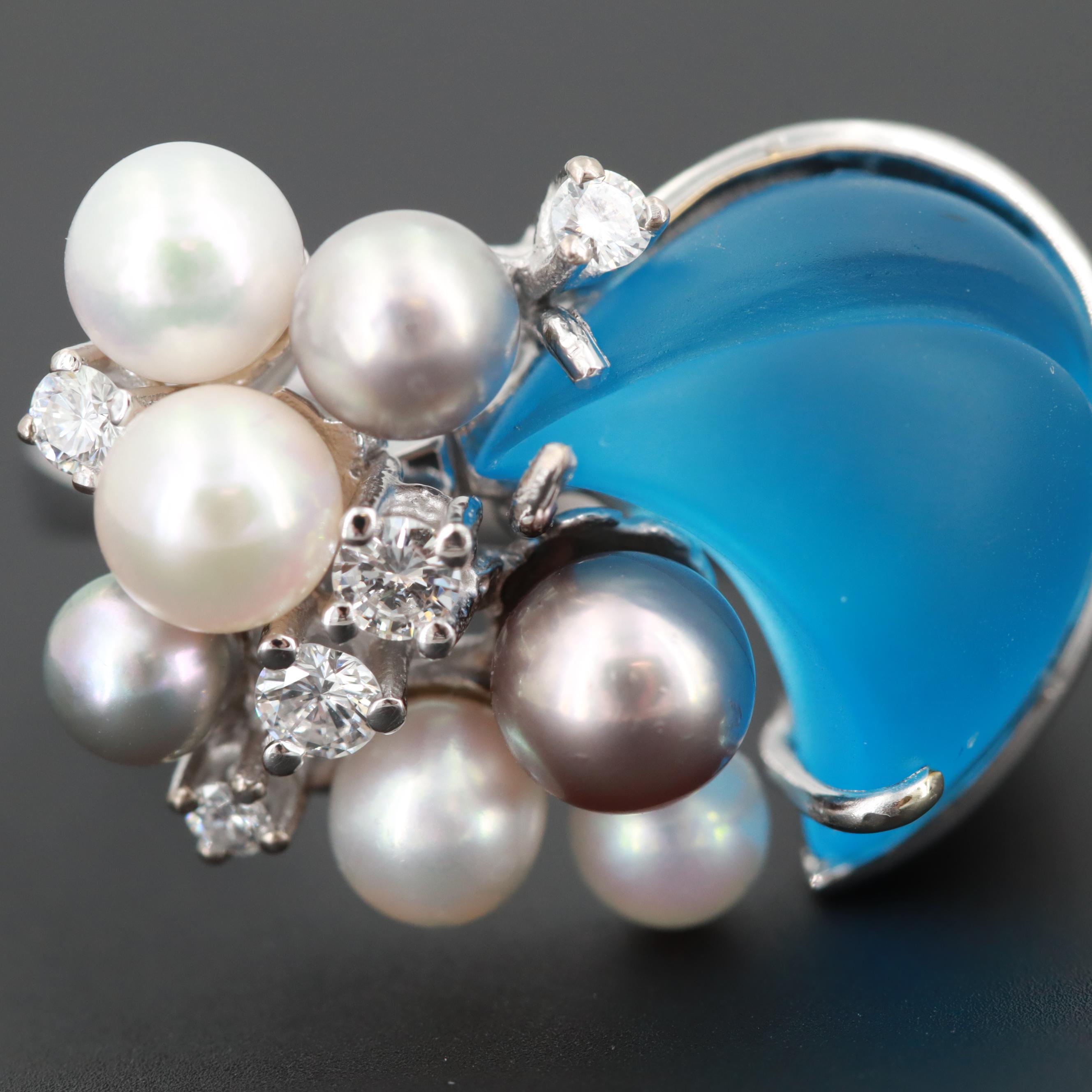 18K White Gold Blue Topaz, Diamond and Cultured Pearl Ring
