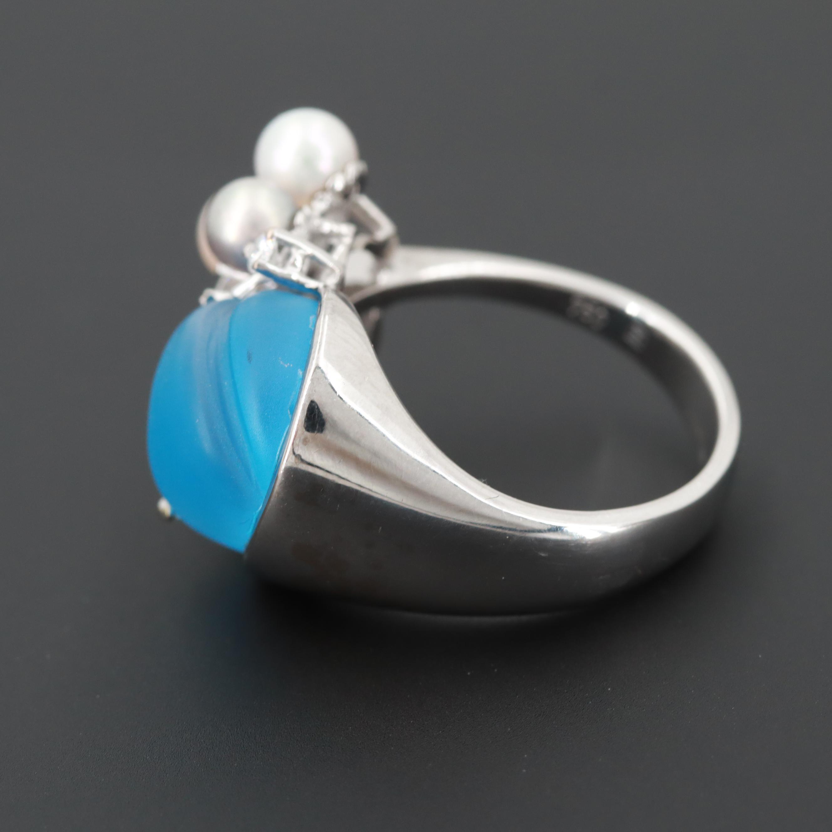 18K White Gold Blue Topaz, Diamond and Cultured Pearl Ring