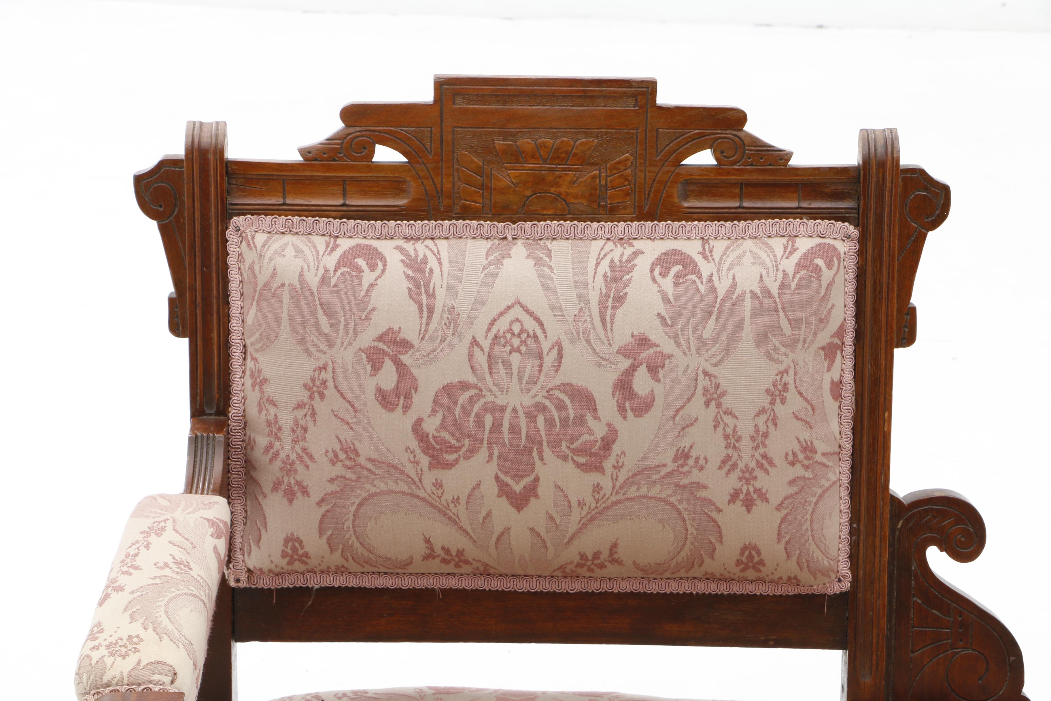 Victorian Single Armed Settees in Carved Geometric Motif