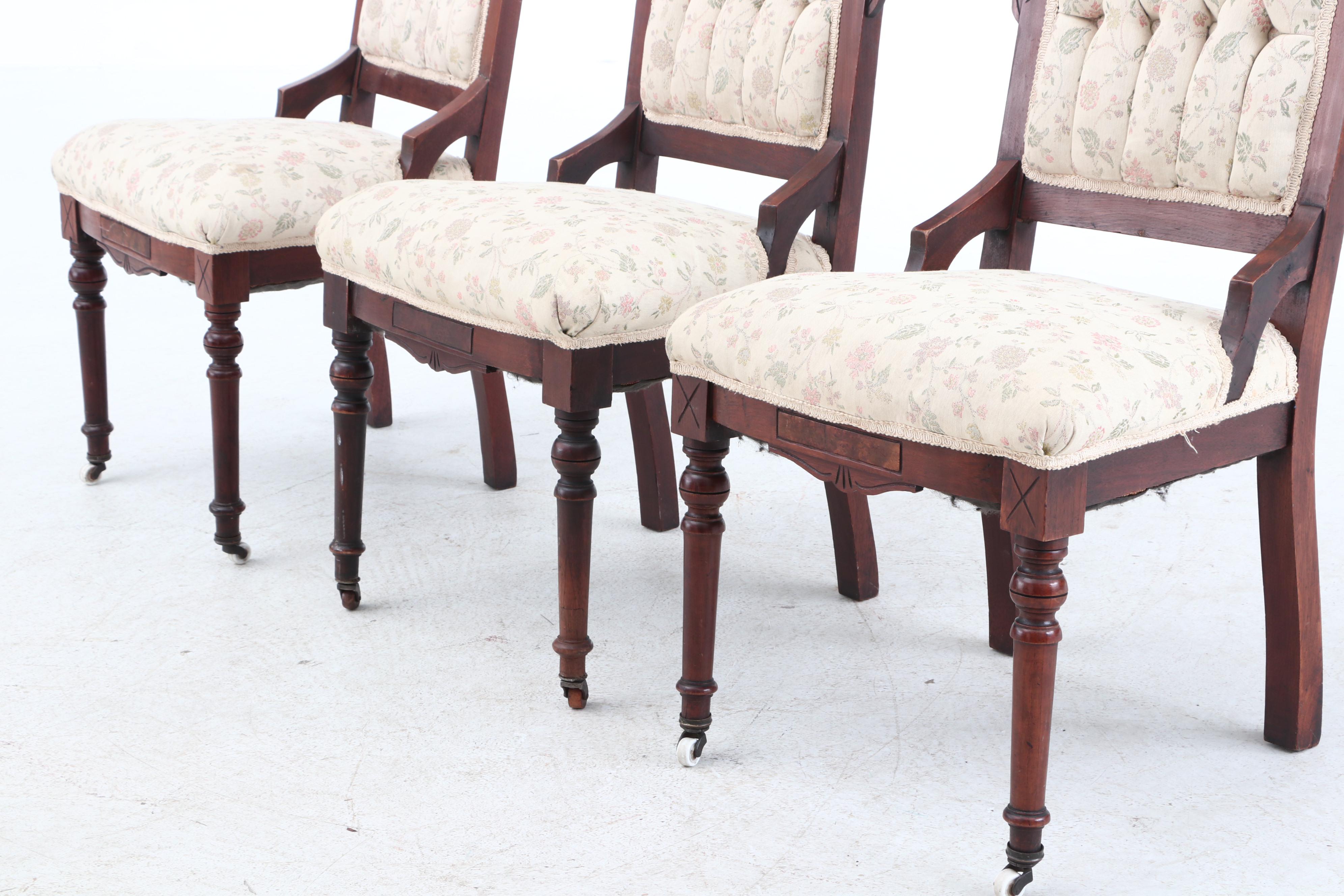 Eastlake Walnut Side Chairs With Carved Geometric Motif