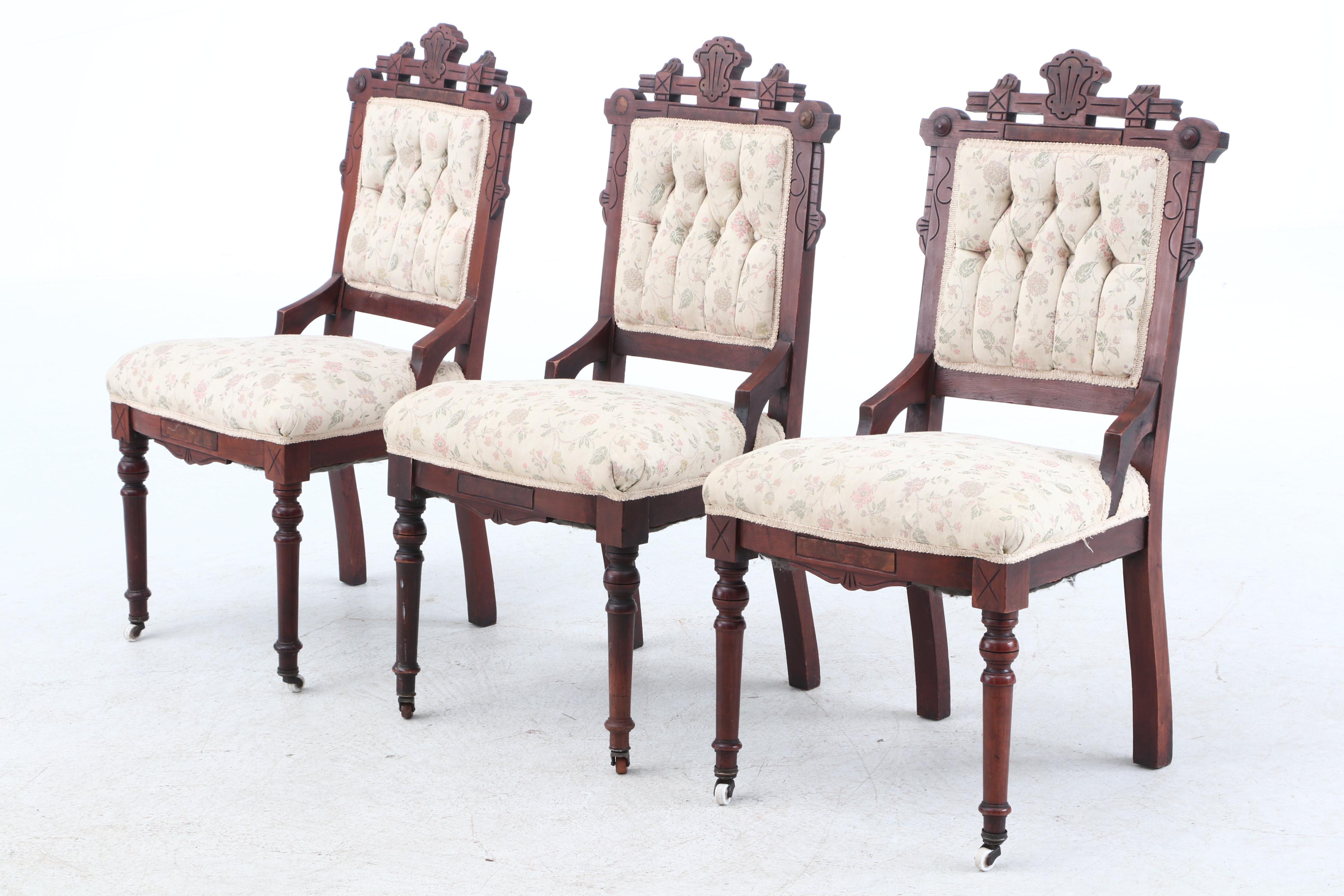 Eastlake Walnut Side Chairs With Carved Geometric Motif