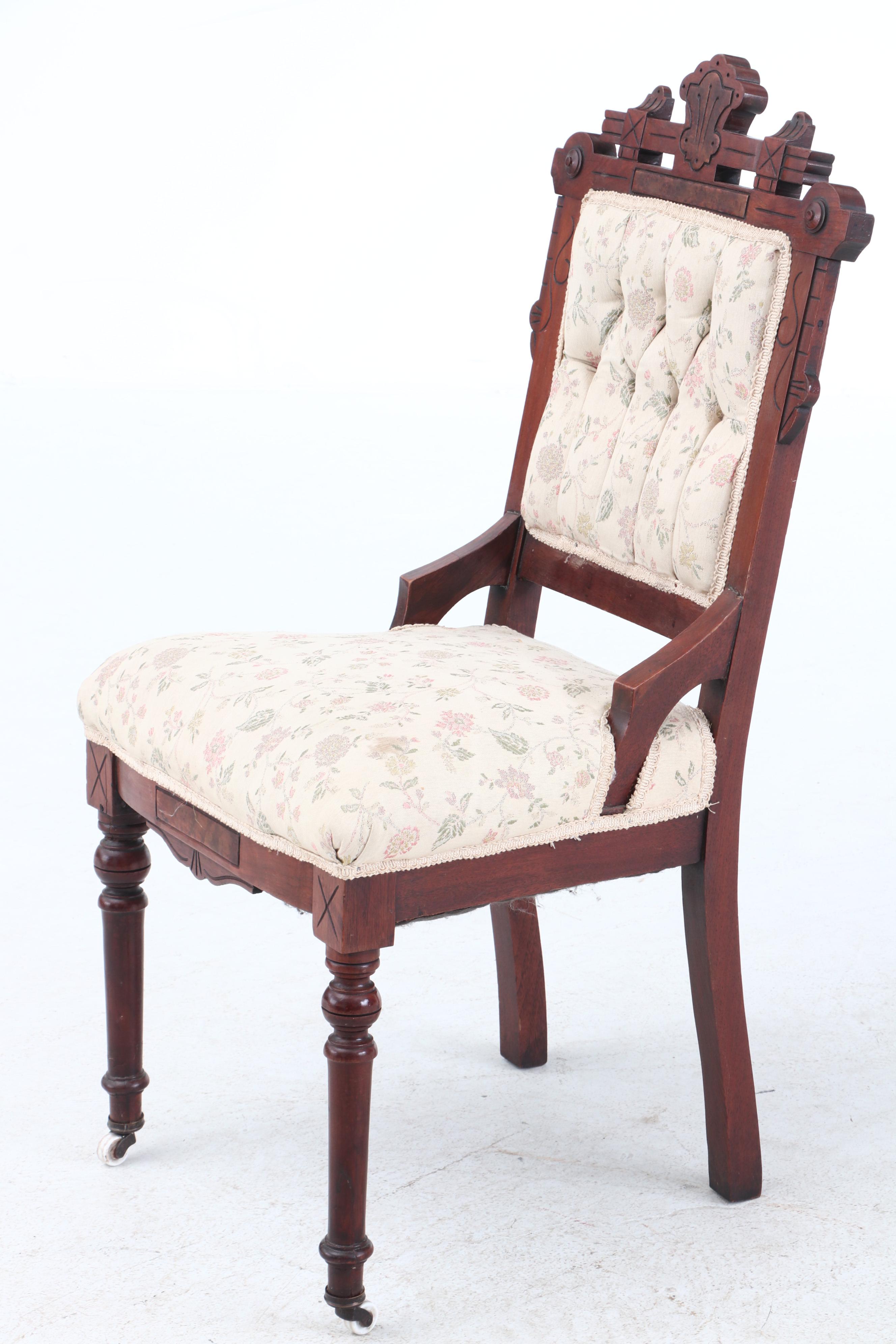 Eastlake Walnut Side Chairs With Carved Geometric Motif