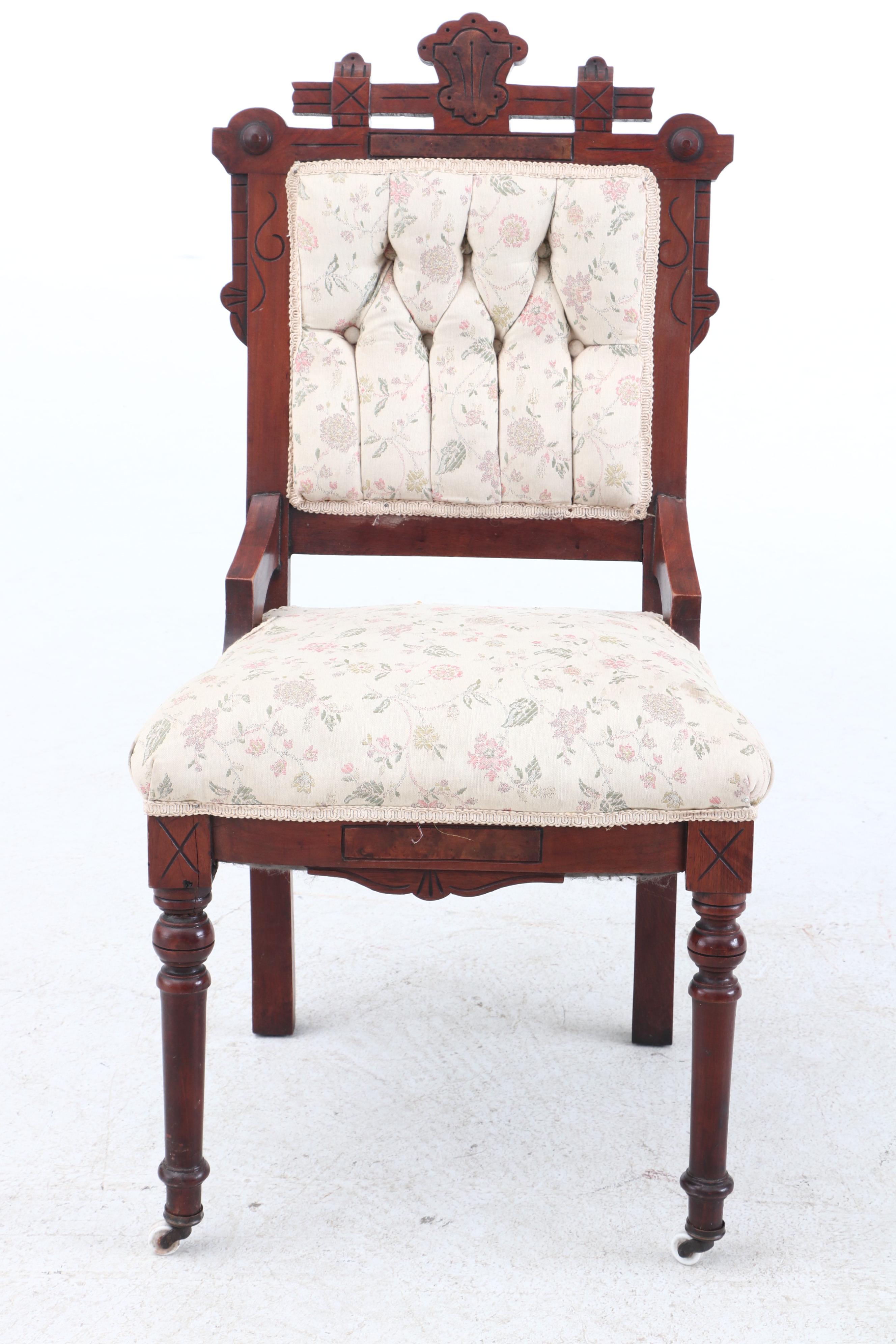 Eastlake Walnut Side Chairs With Carved Geometric Motif
