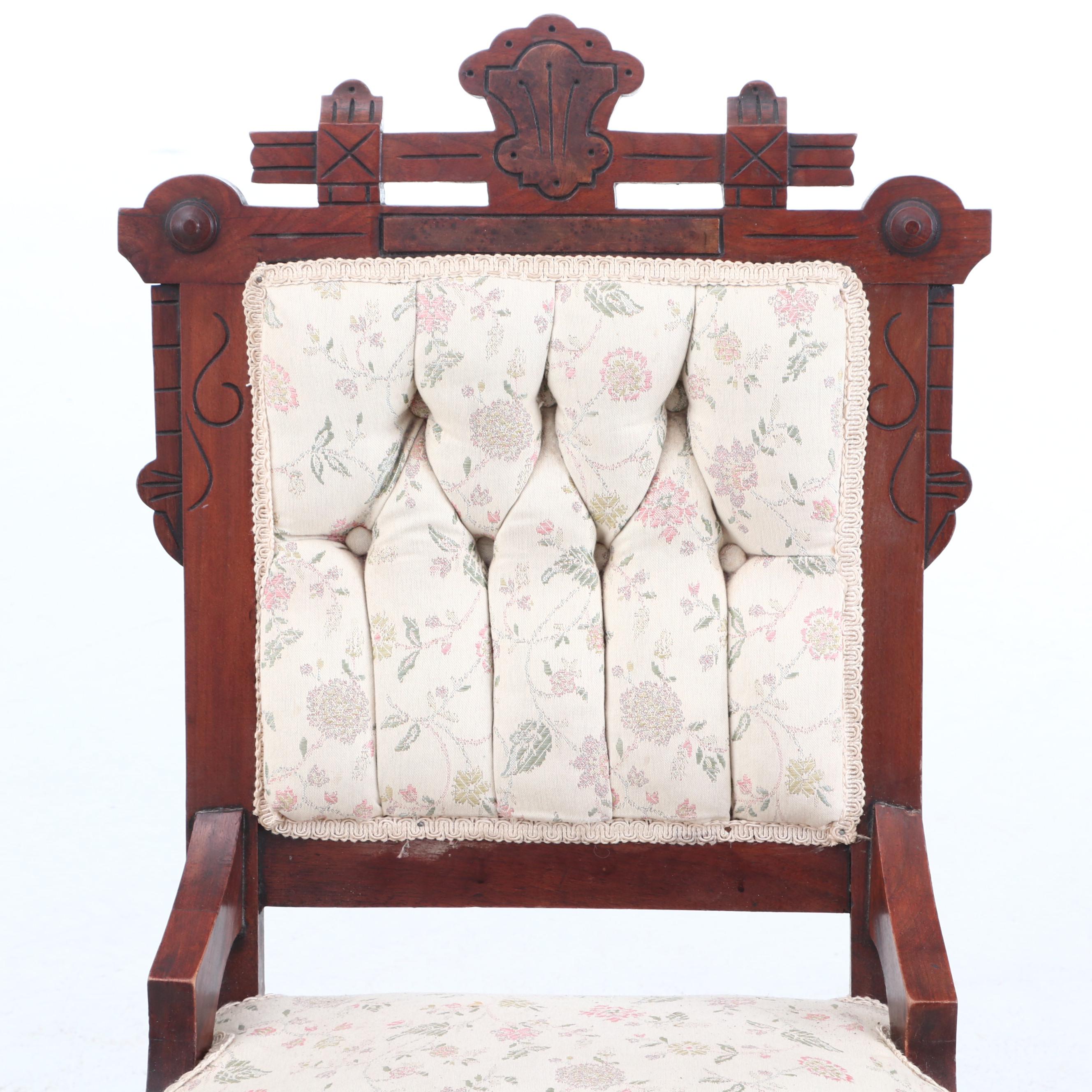 Eastlake Walnut Side Chairs With Carved Geometric Motif