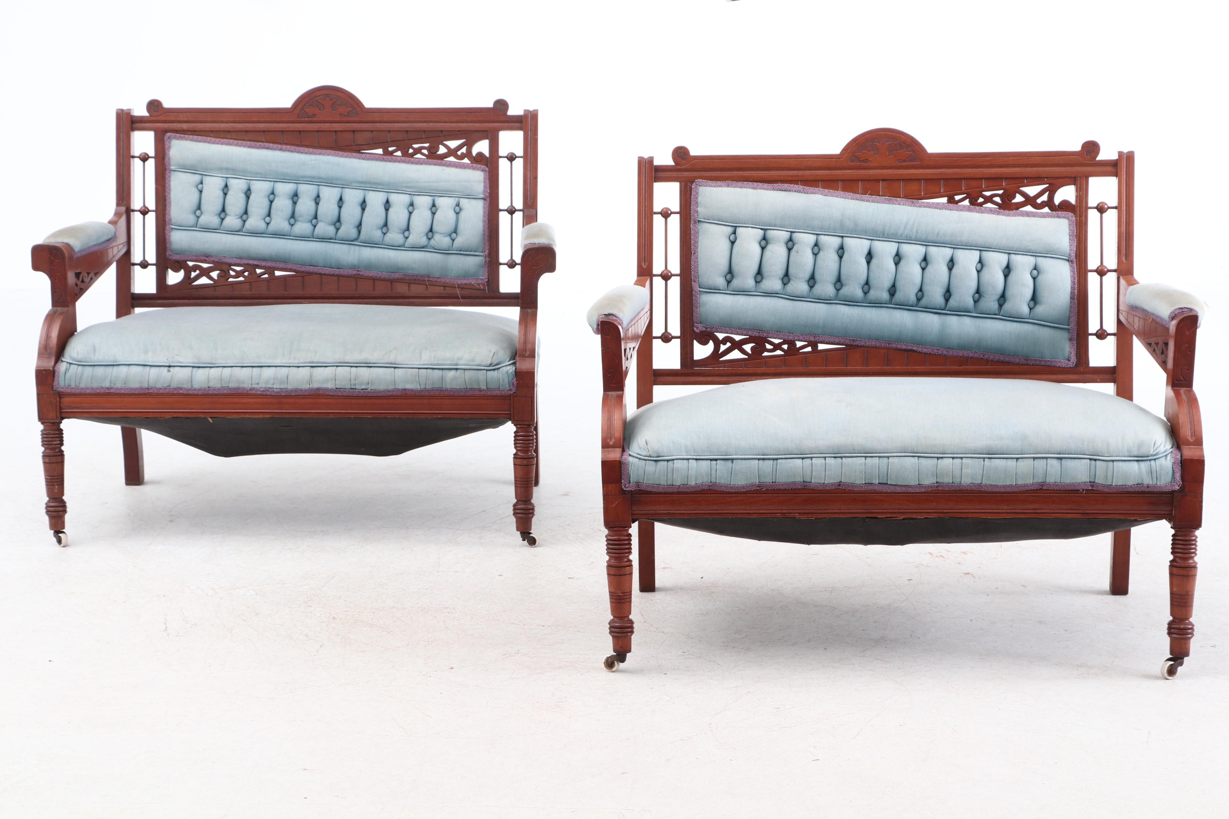 Victorian Ball and Stick Carved Walnut Settees