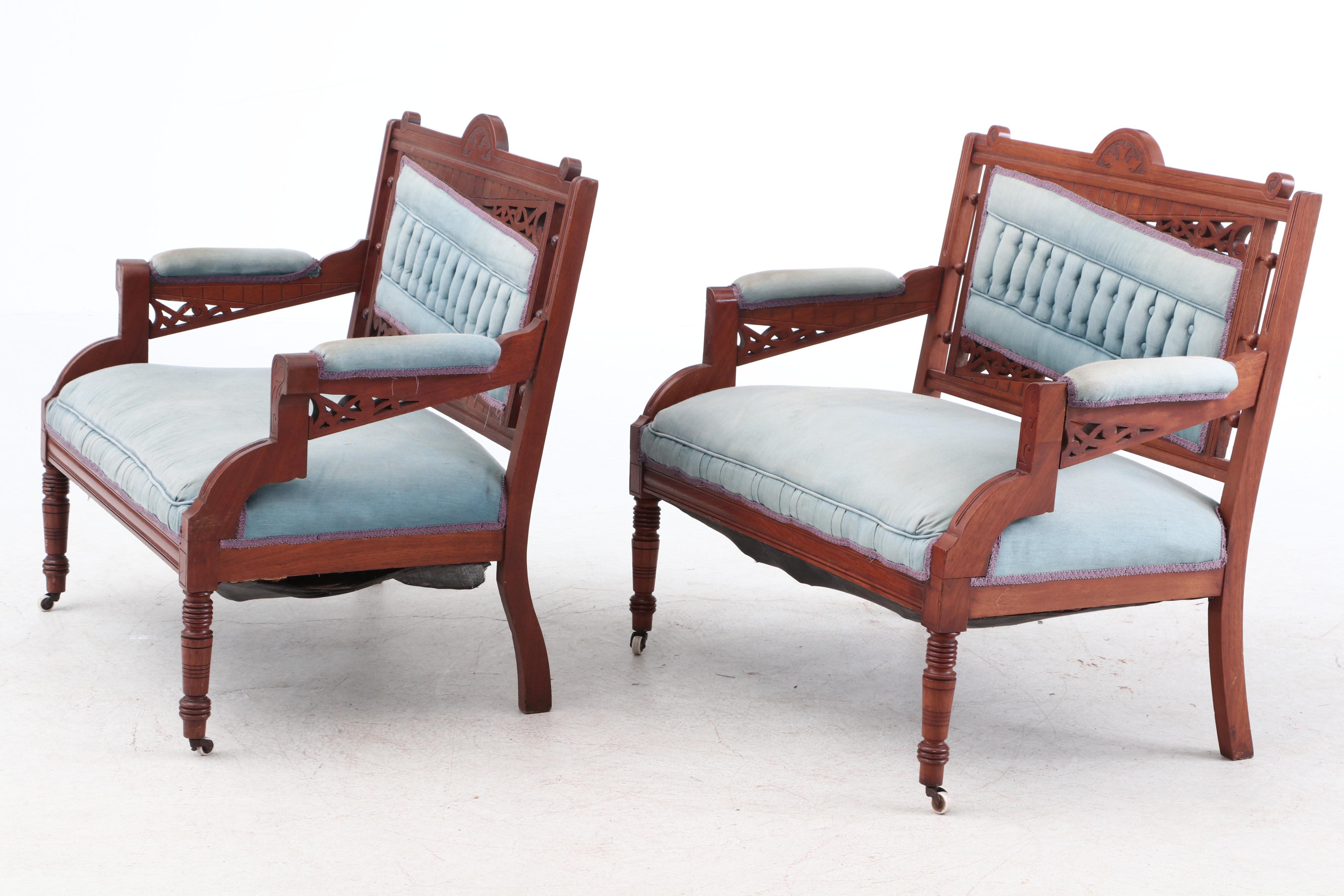 Victorian Ball and Stick Carved Walnut Settees