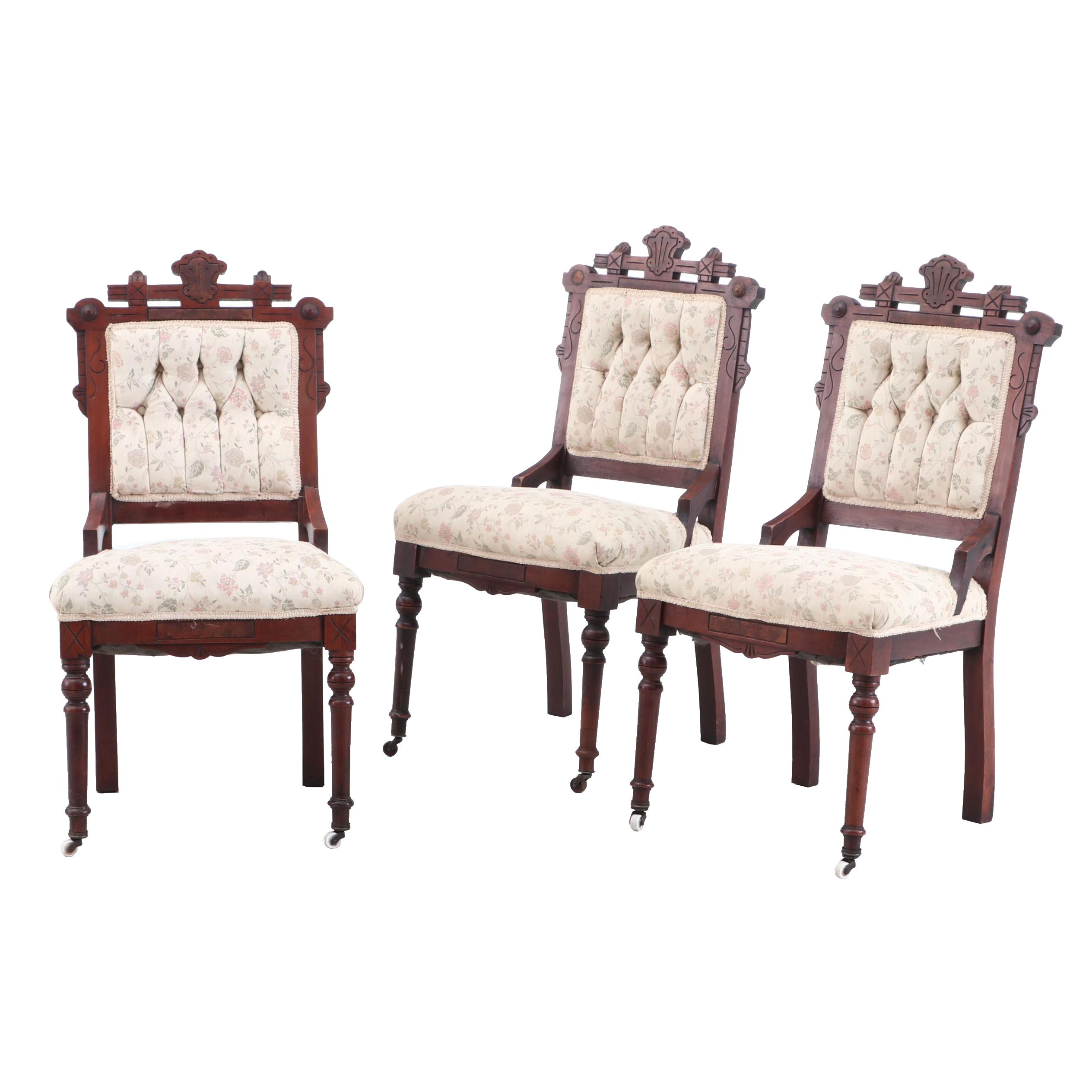 Eastlake Walnut Side Chairs With Carved Geometric Motif