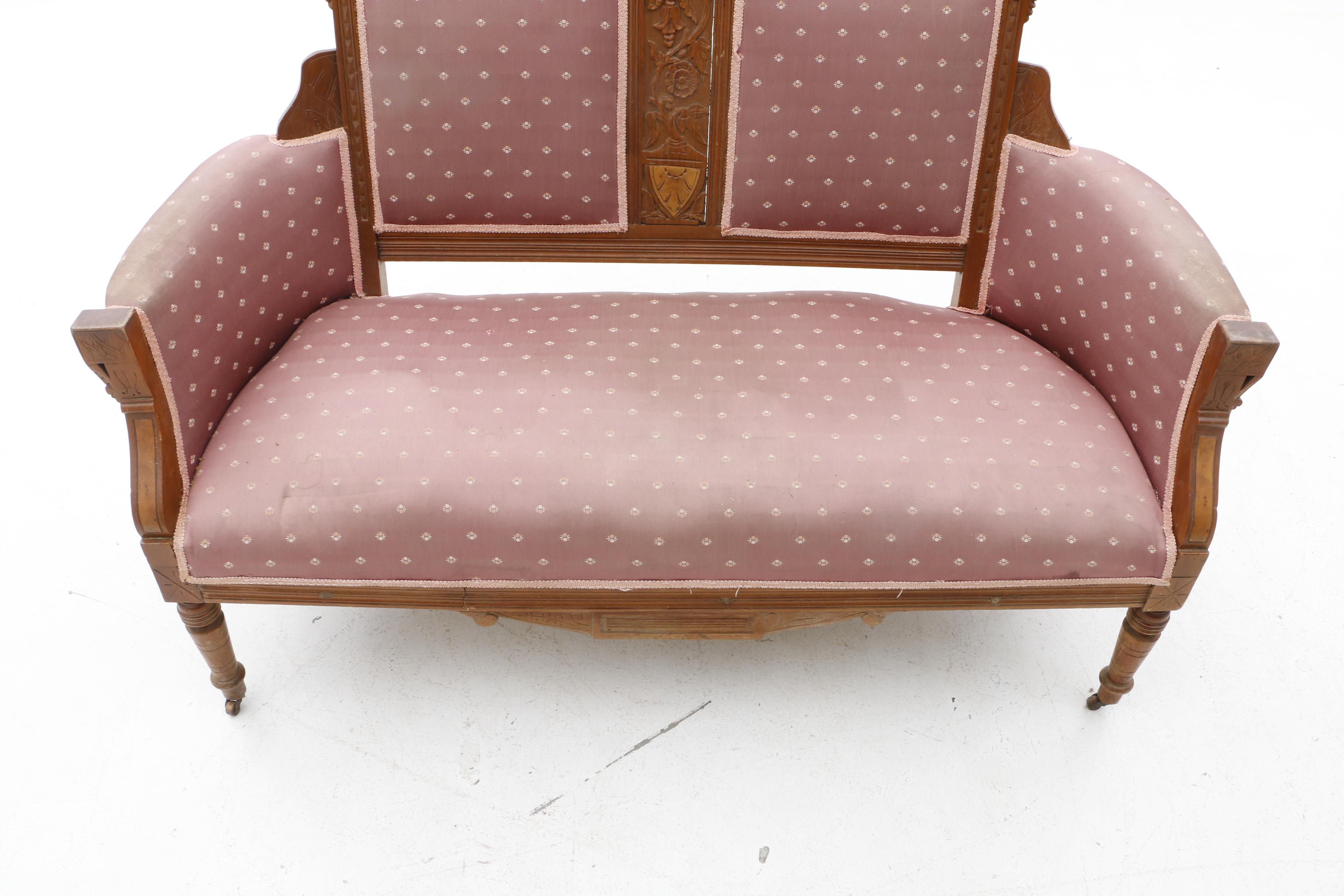 Victorian Carved Walnut Settee and Side Chairs