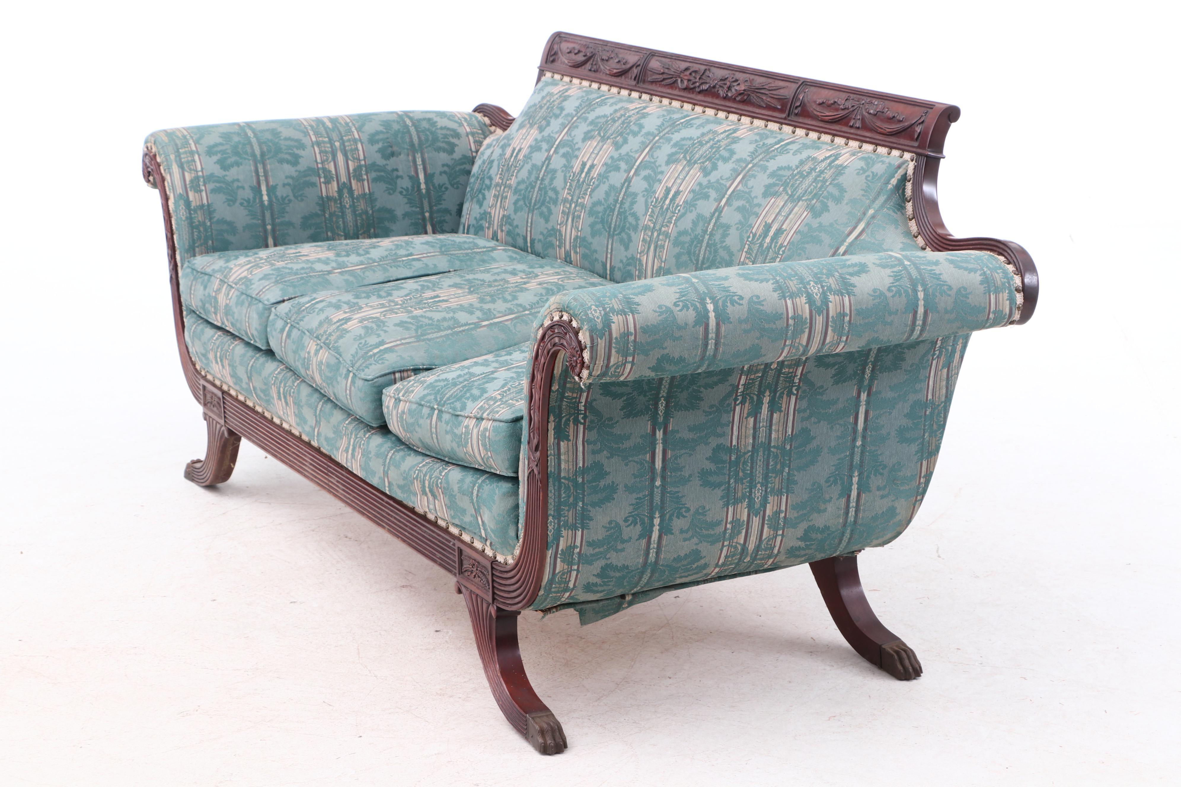 Antique Federal Style Carved Swag Motif Mahogany Sofa