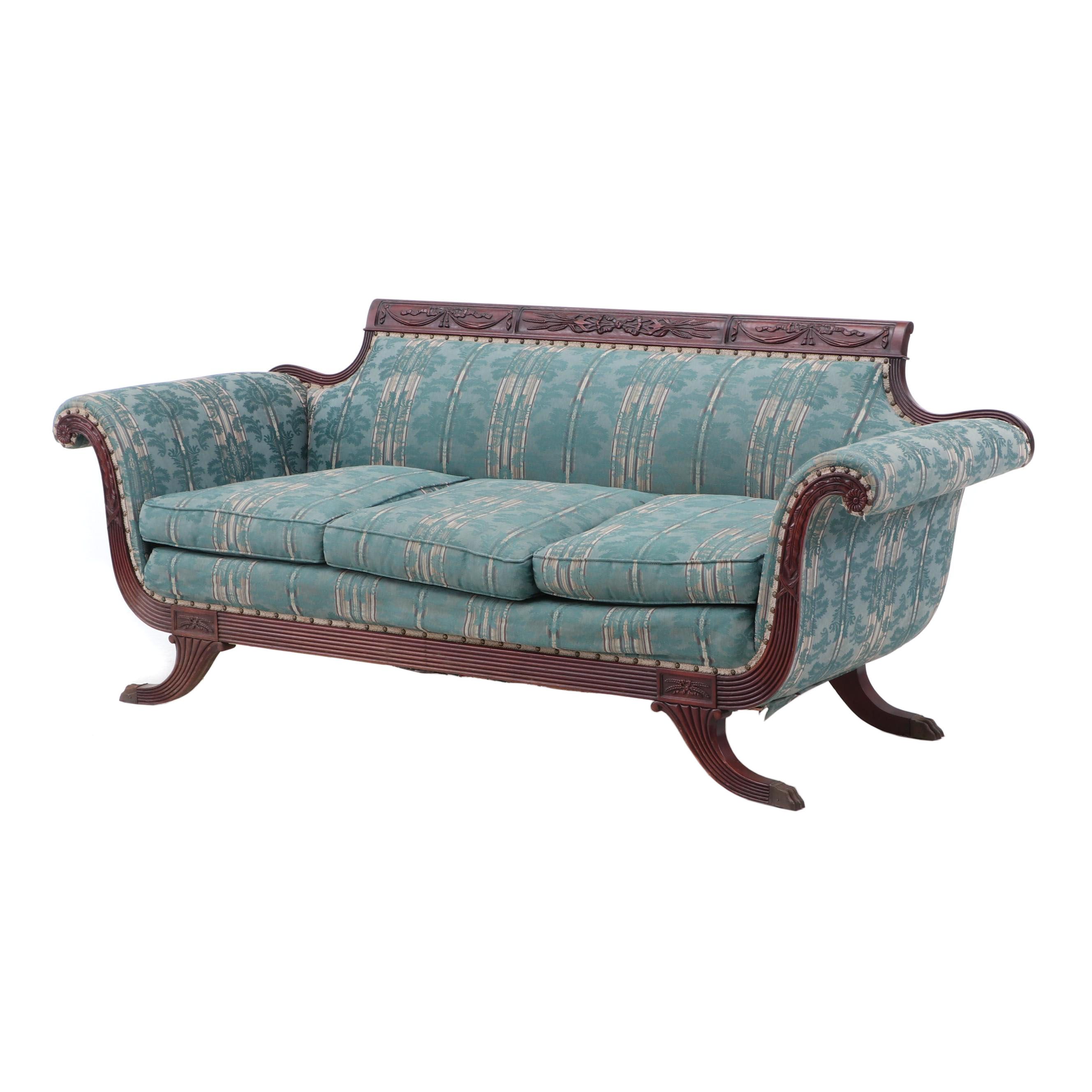 Antique Federal Style Carved Swag Motif Mahogany Sofa