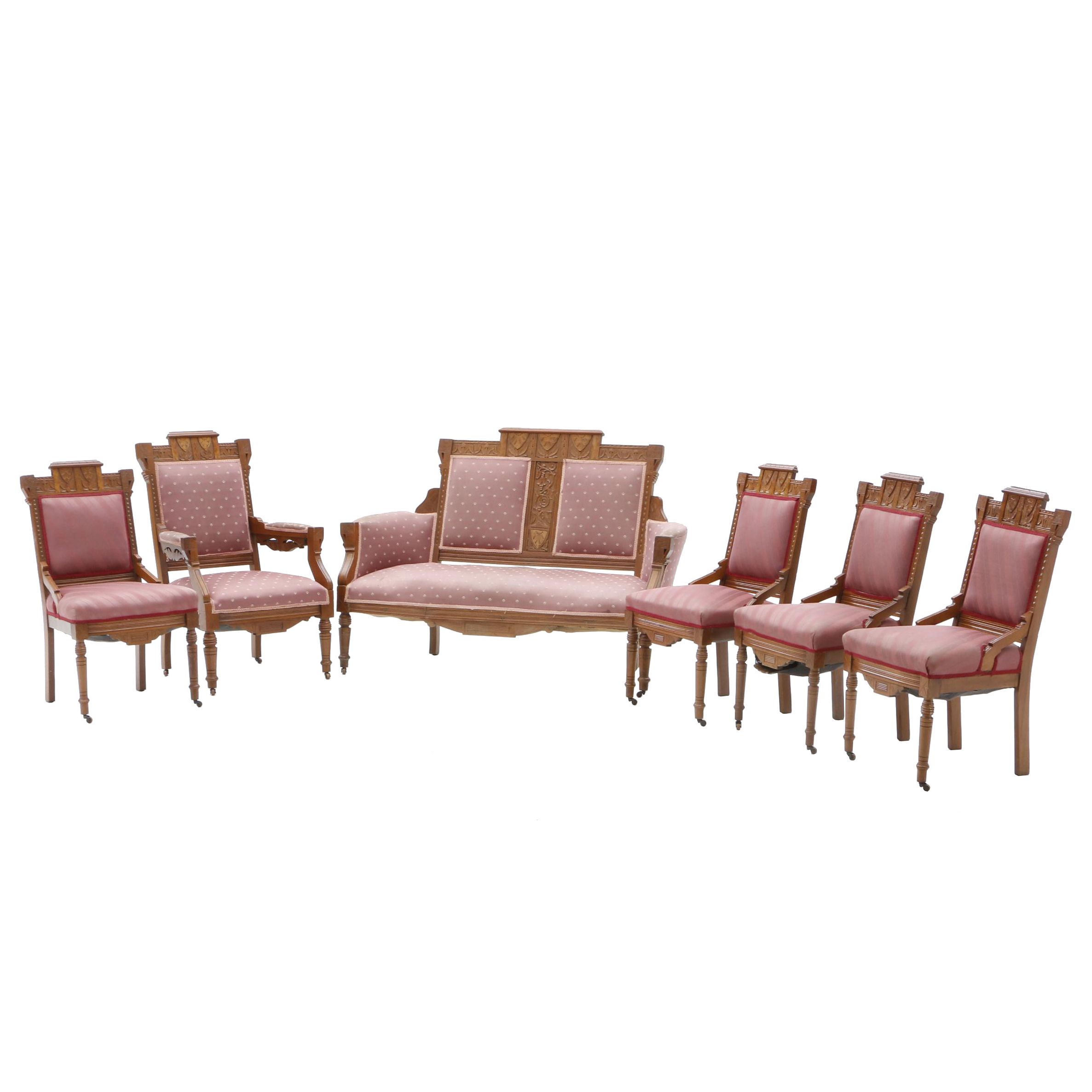 Victorian Carved Walnut Settee and Side Chairs