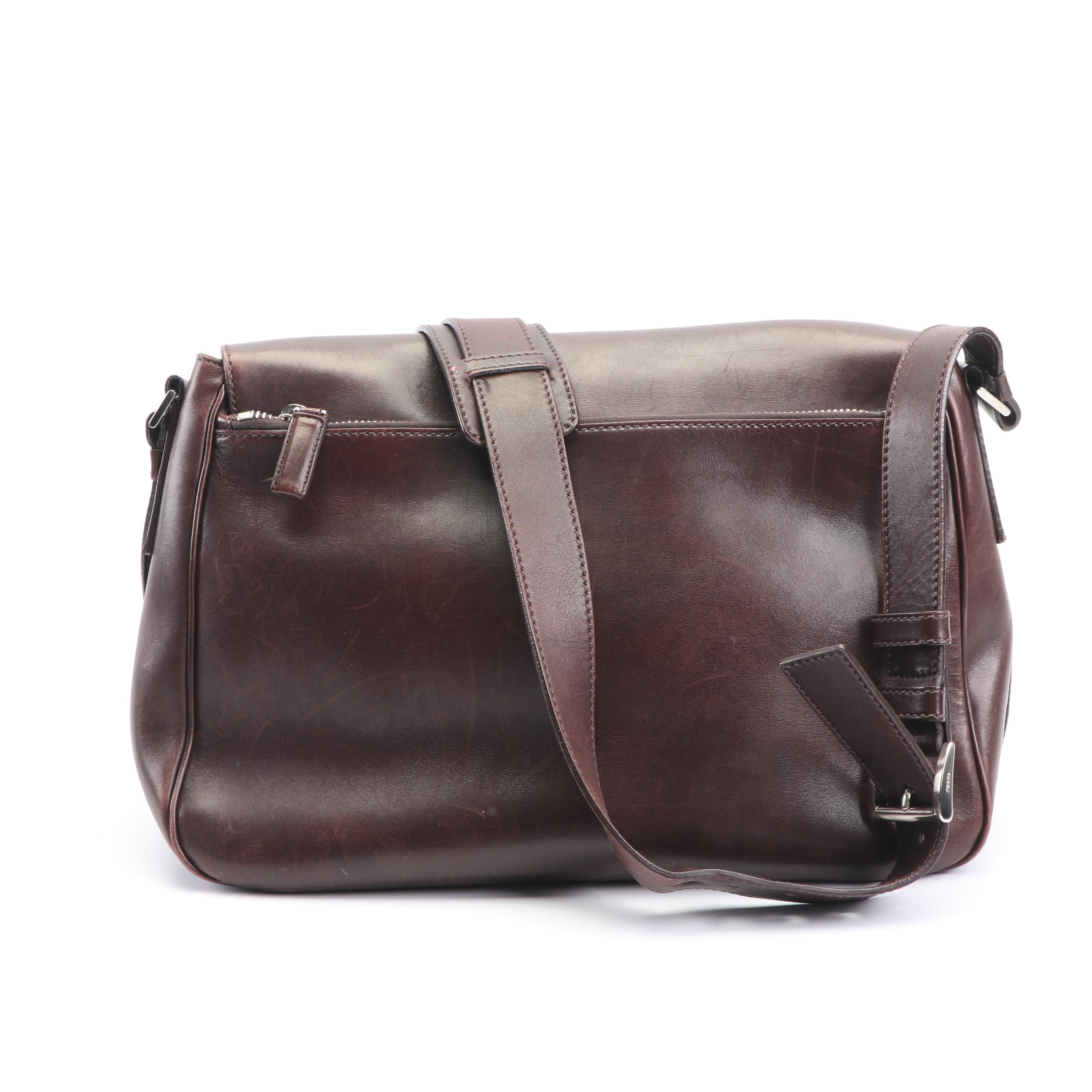 Prada Brown Leather Flap Front Crossbody Bag, Made in Italy