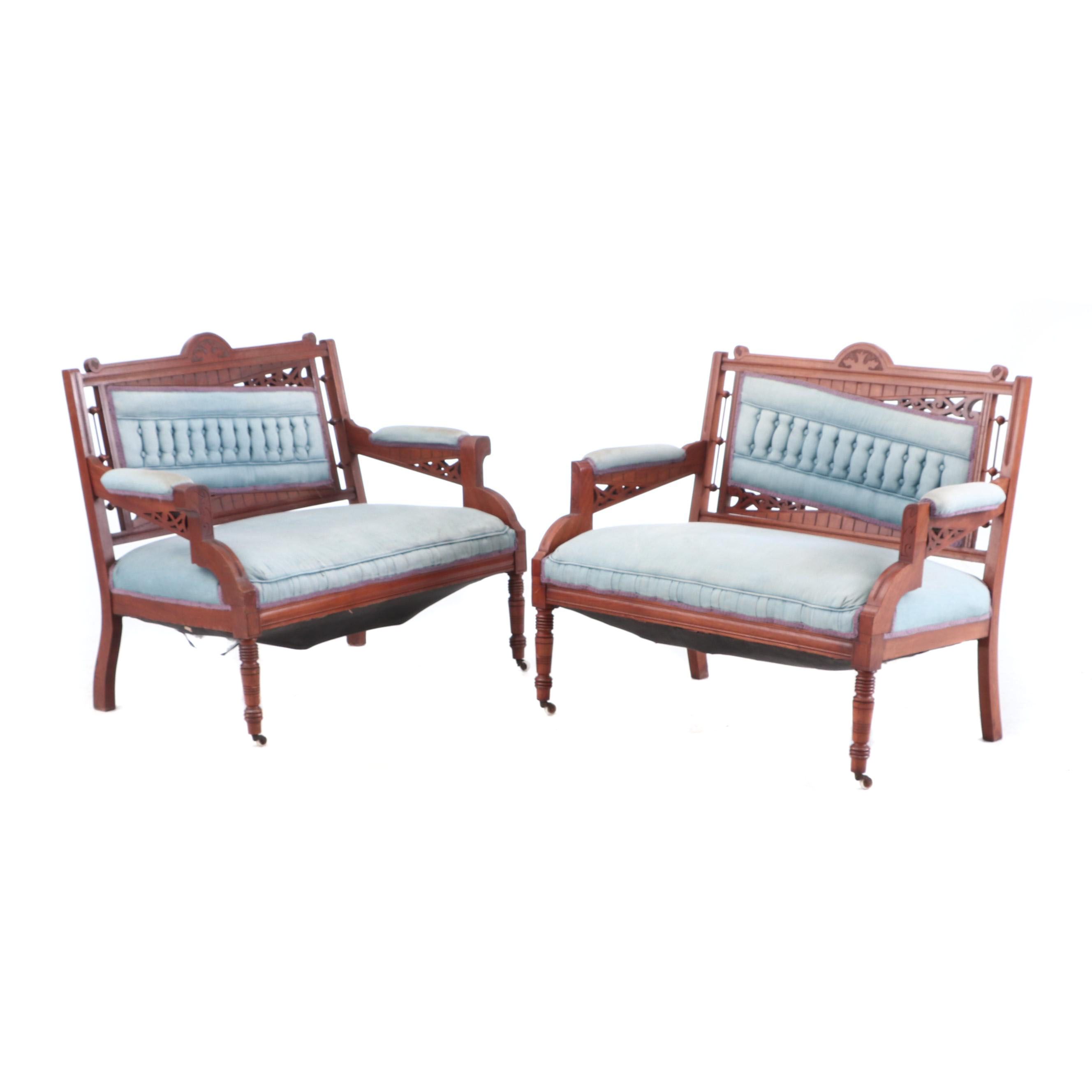 Victorian Ball and Stick Carved Walnut Settees