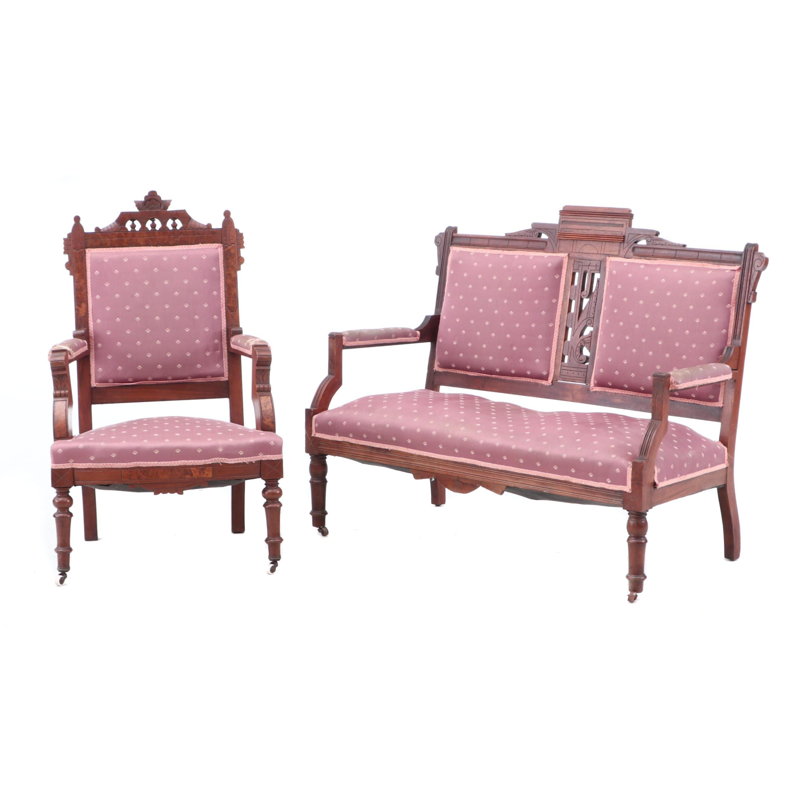 Victorian Settee and Armchair in Walnut
