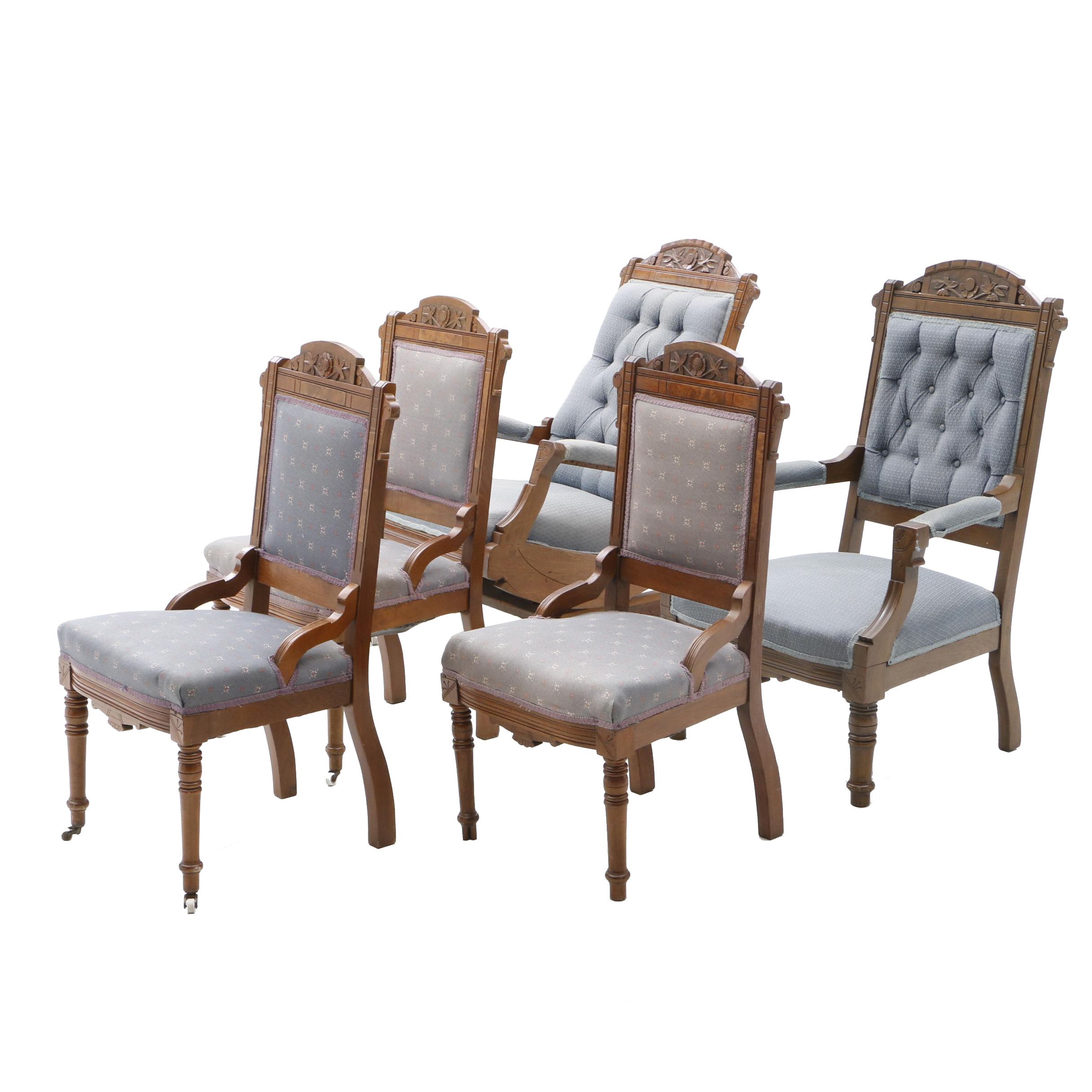 Victorian Platform Rocker, Armchair and Side Chairs in Walnut