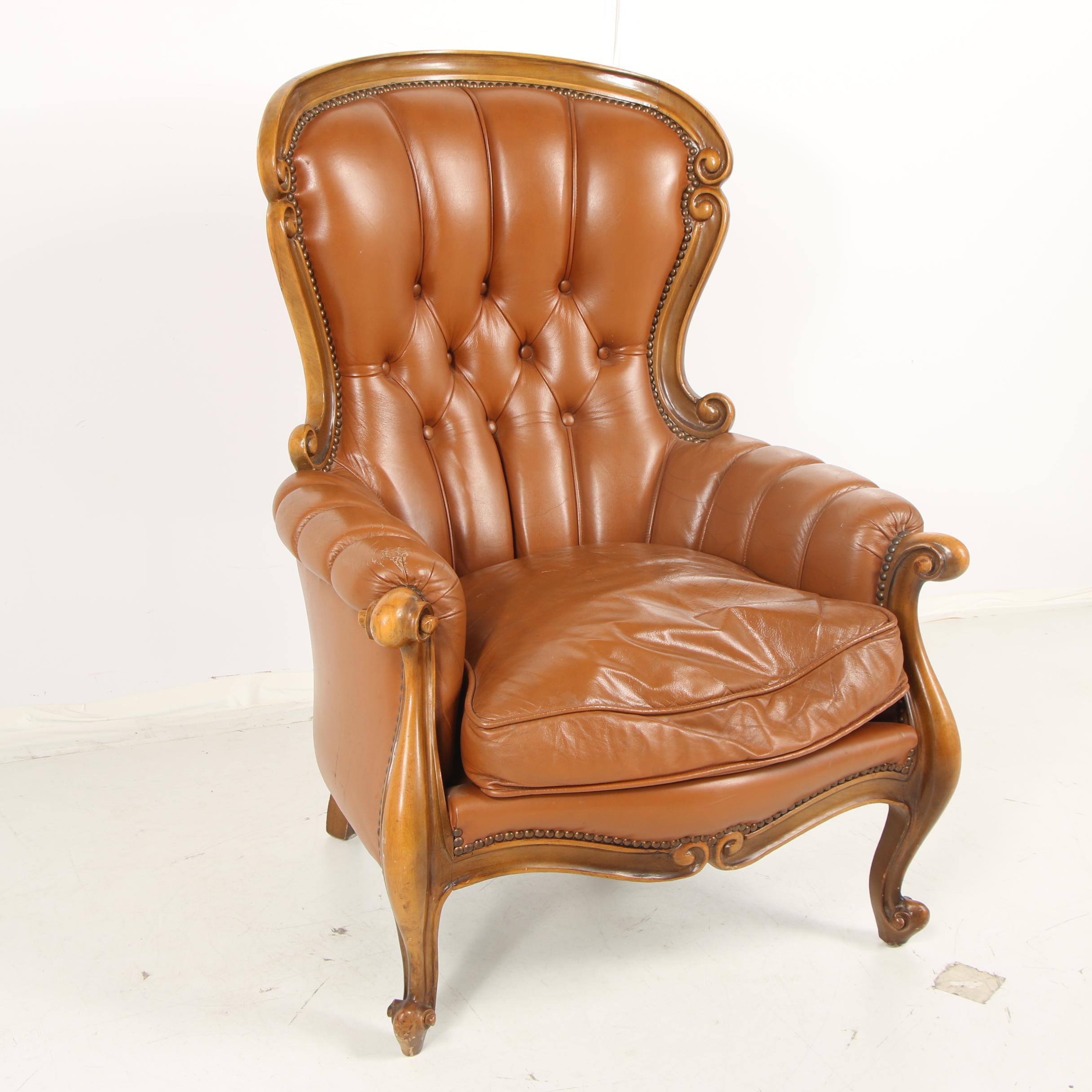 Louis XV Style Button-Tufted Faux Leather Upholstered Armchair, Late 20th C.