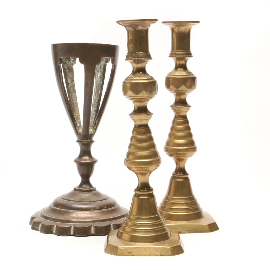 18th to 19th Century Brass Push-Up Candlesticks and Stand