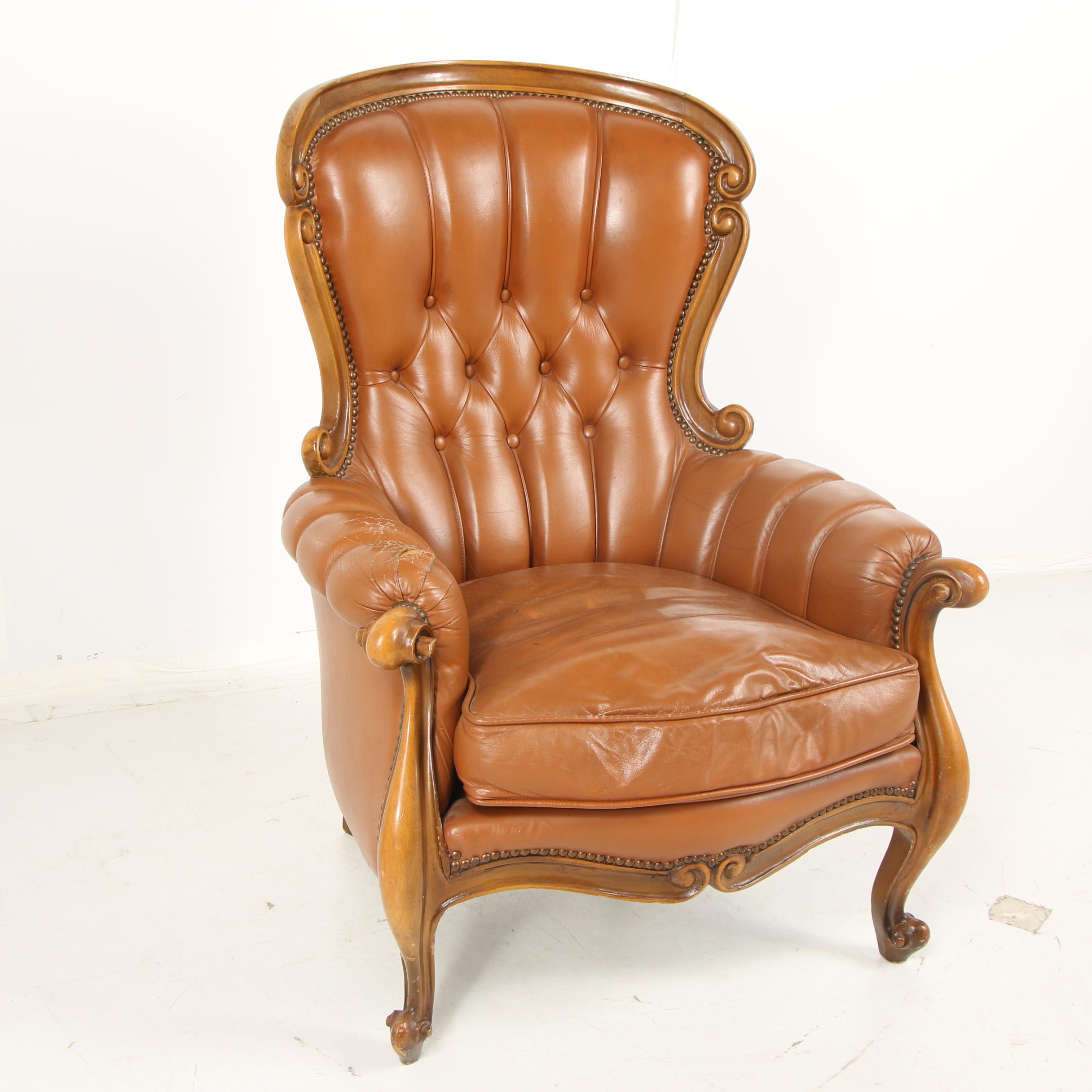 Louis XV Style Button-Tufted Faux Leather Upholstered Armchair, Late 20th C.