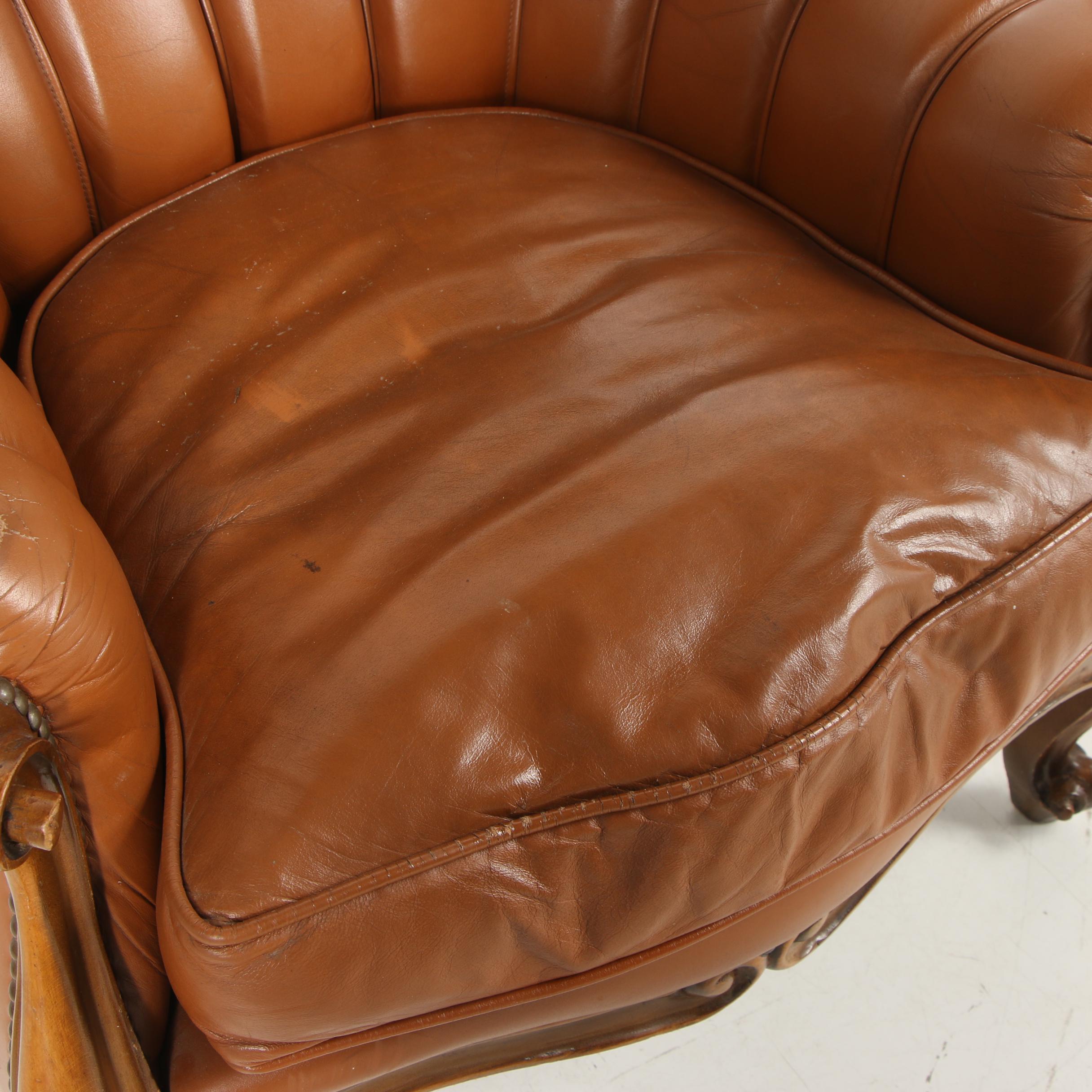 Louis XV Style Button-Tufted Faux Leather Upholstered Armchair, Late 20th C.