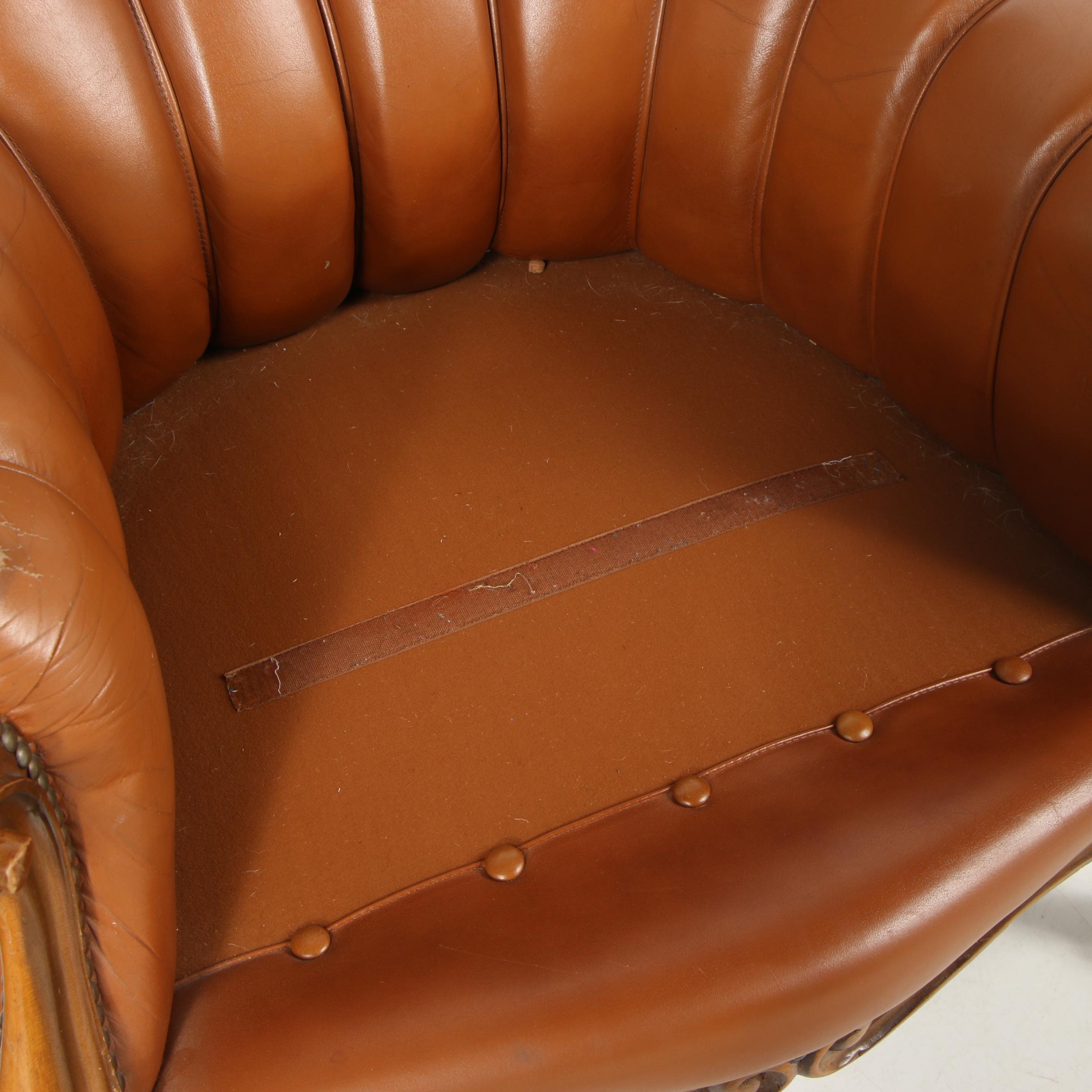 Louis XV Style Button-Tufted Faux Leather Upholstered Armchair, Late 20th C.