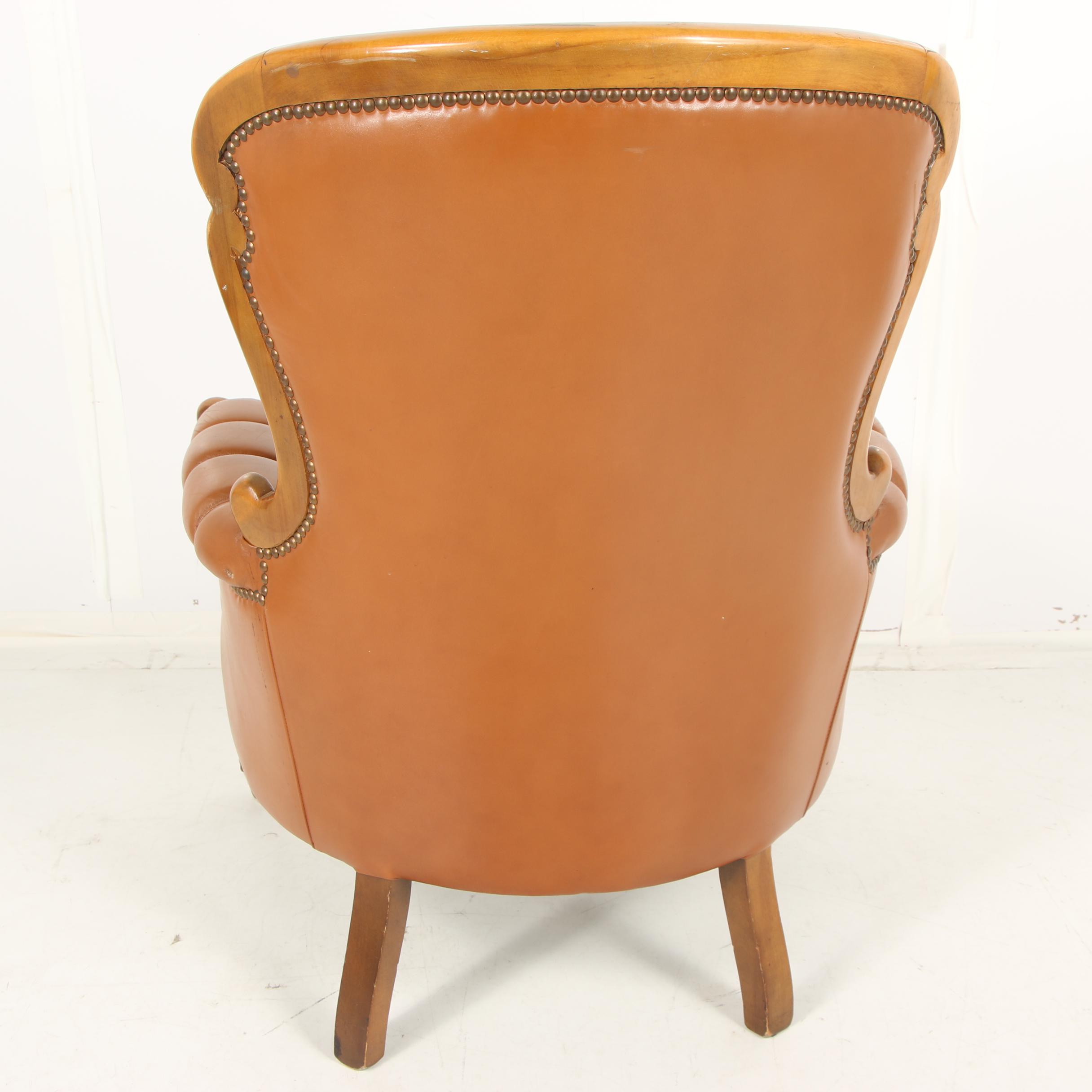 Louis XV Style Button-Tufted Faux Leather Upholstered Armchair, Late 20th C.