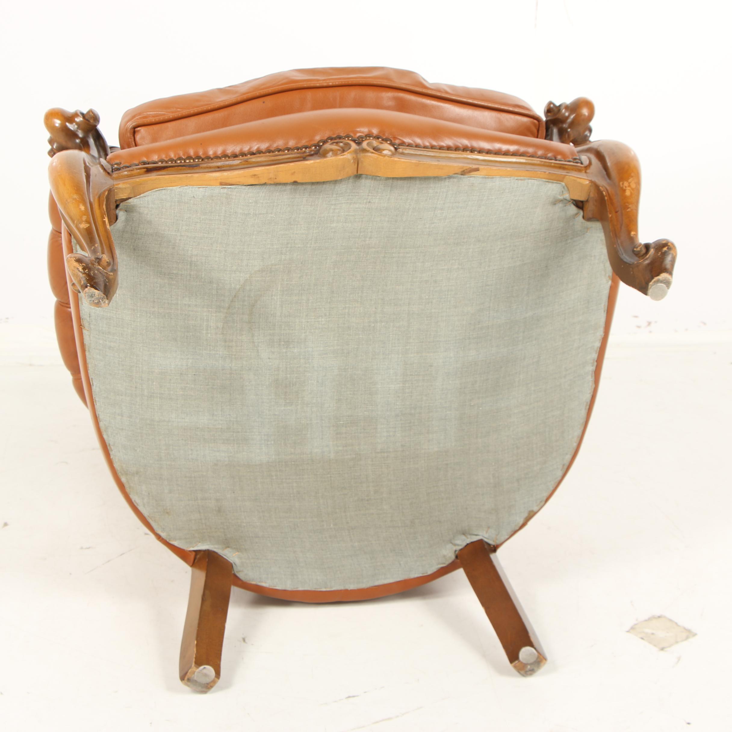 Louis XV Style Button-Tufted Faux Leather Upholstered Armchair, Late 20th C.