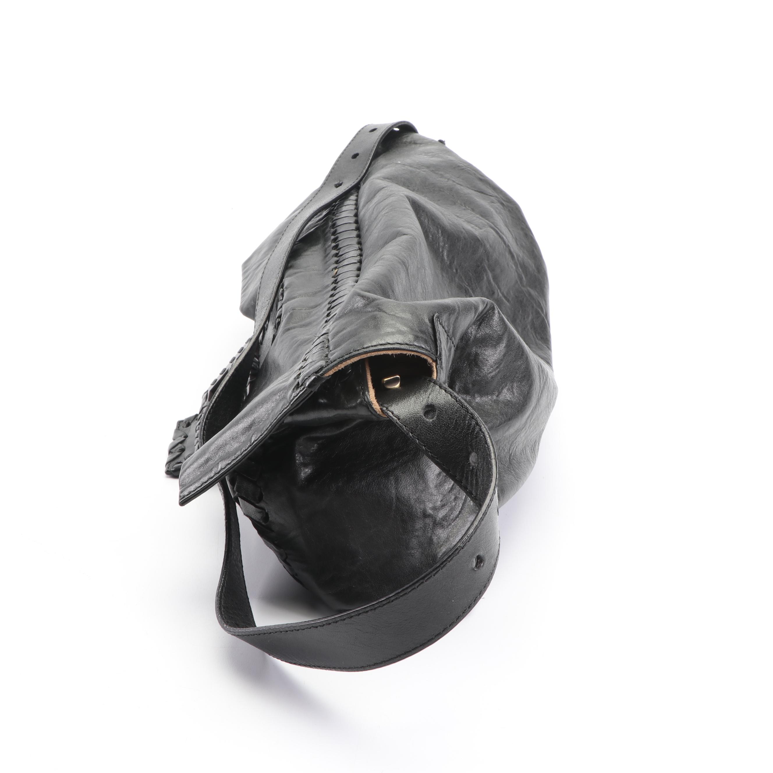 Fendi Black Leather Baguette with Woven Trim, Made in Italy