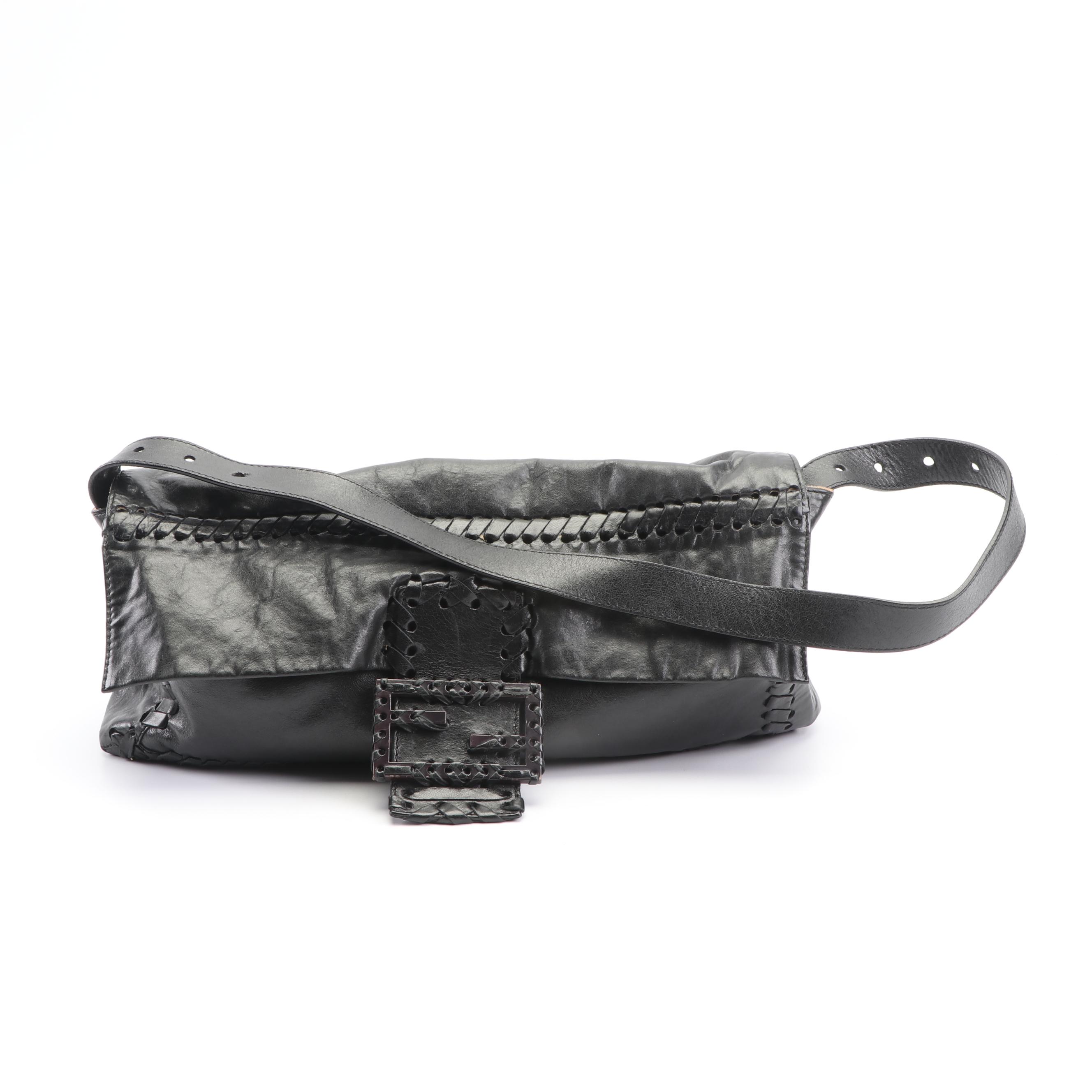Fendi Black Leather Baguette with Woven Trim, Made in Italy