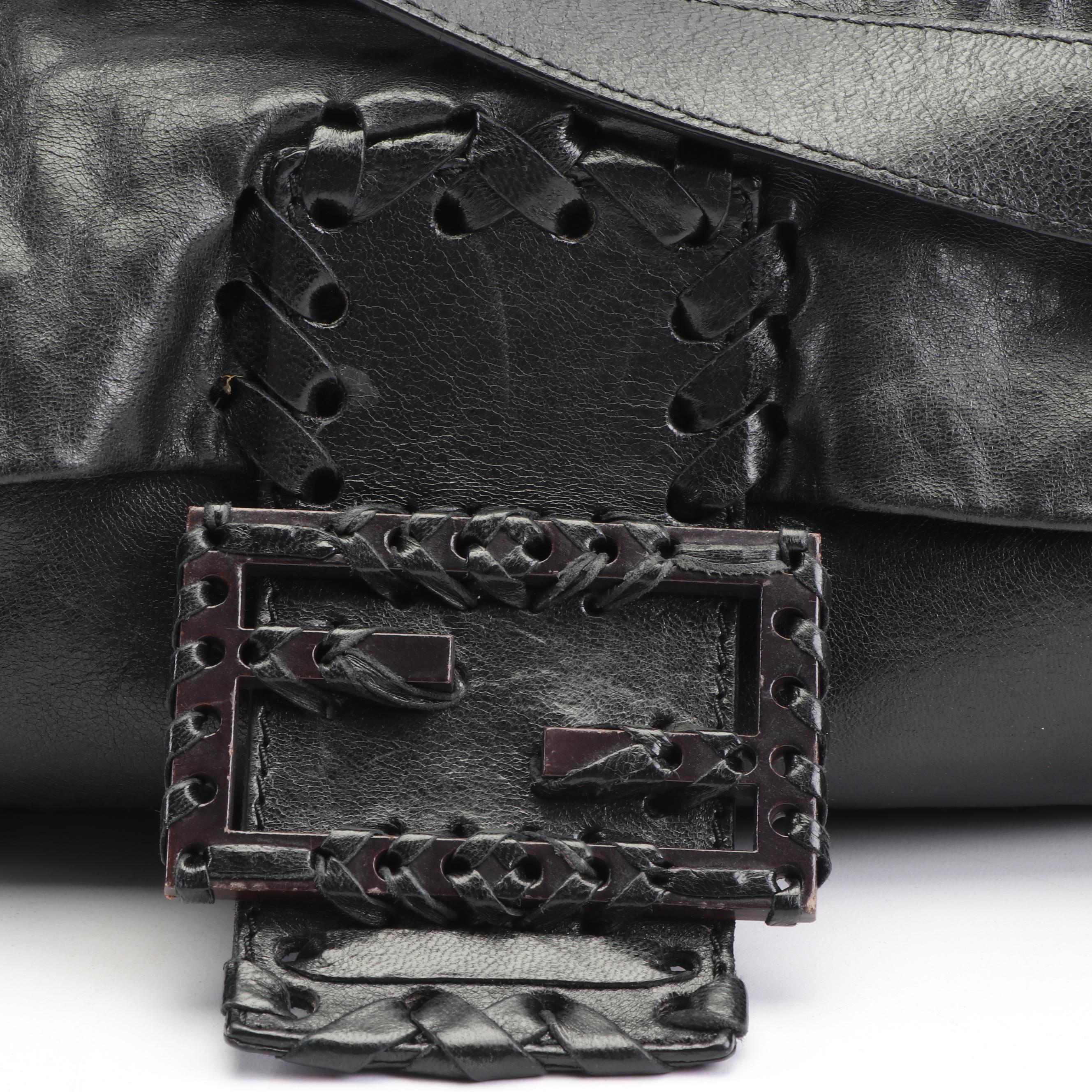 Fendi Black Leather Baguette with Woven Trim, Made in Italy