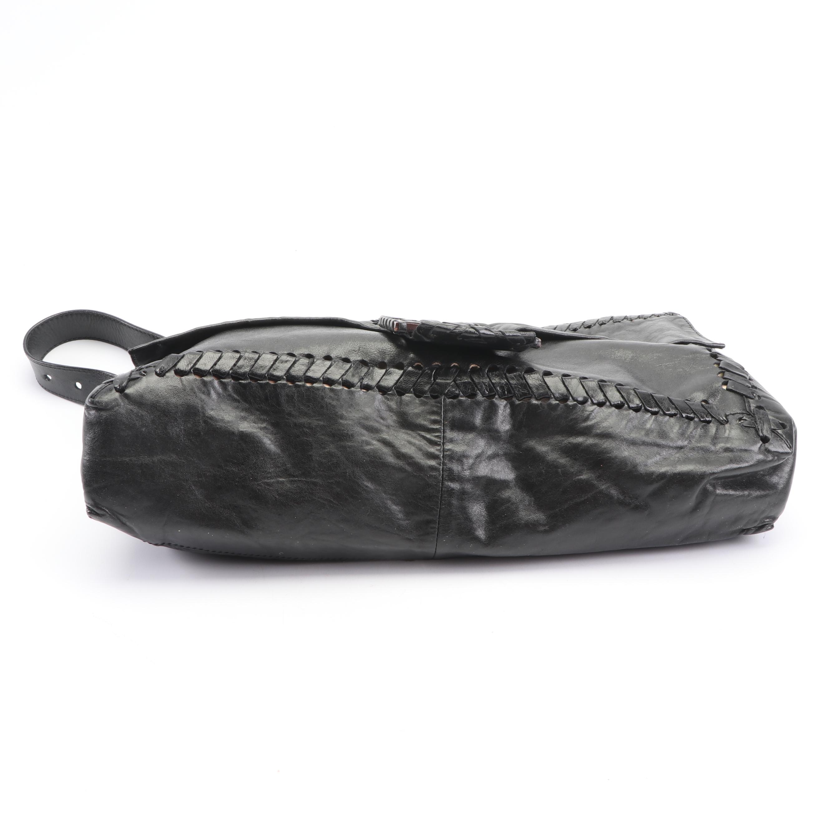 Fendi Black Leather Baguette with Woven Trim, Made in Italy