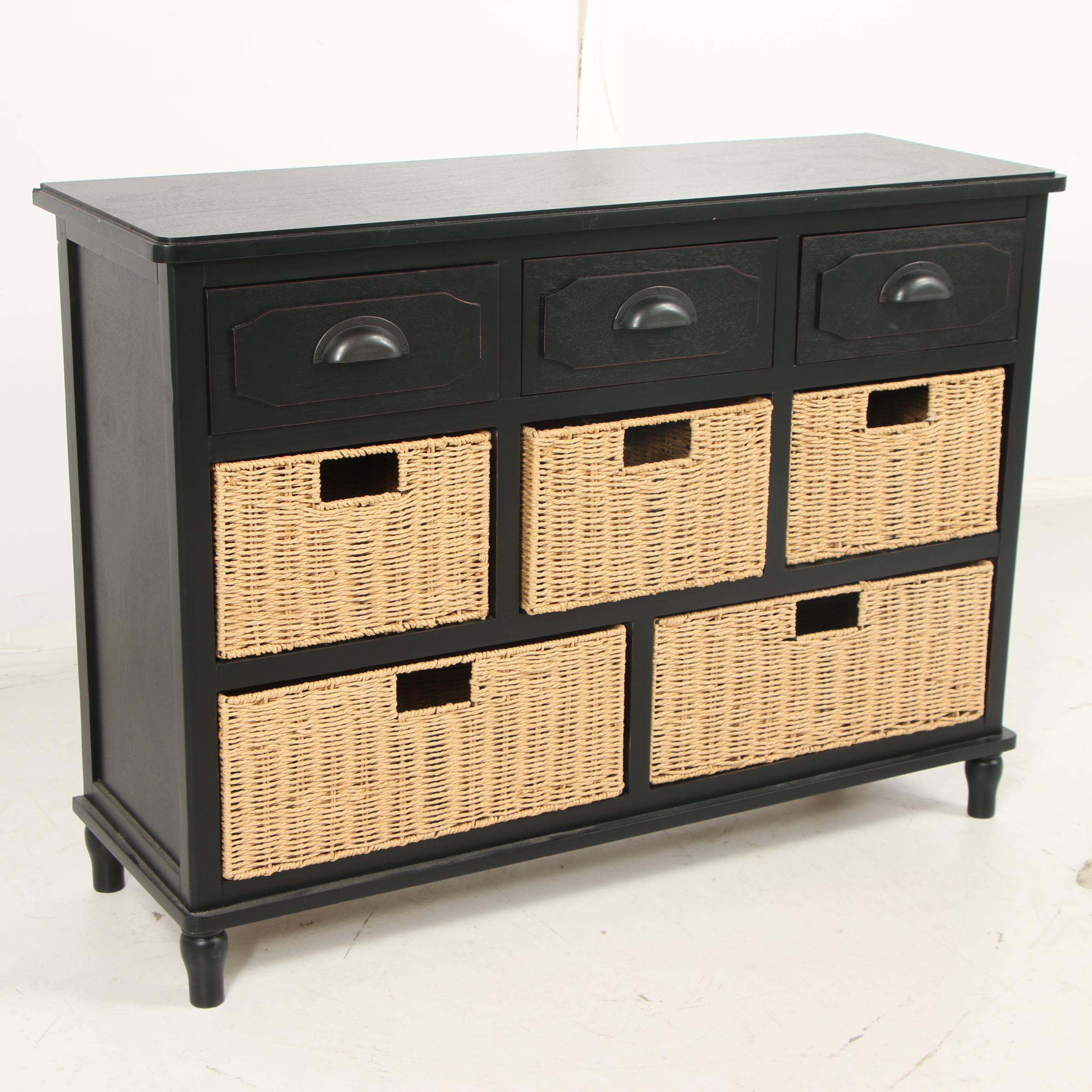 Painted Wooden Chest with Drawers and Wicker Baskets, 21st Century