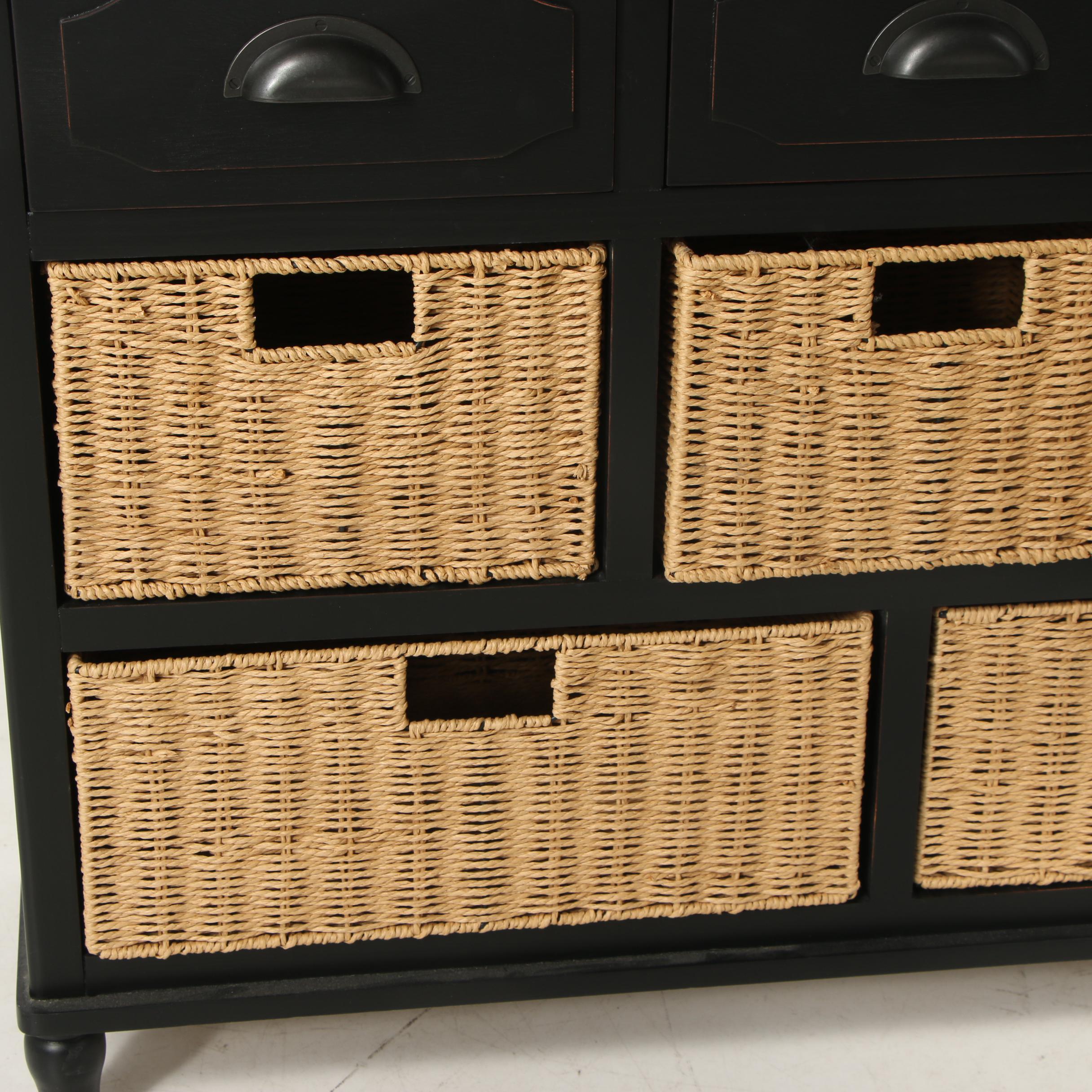 Painted Wooden Chest with Drawers and Wicker Baskets, 21st Century