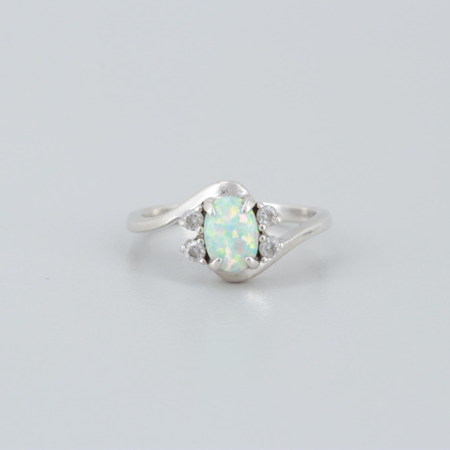 Sterling Silver Opal and Cubic Zirconia Bypass Ring