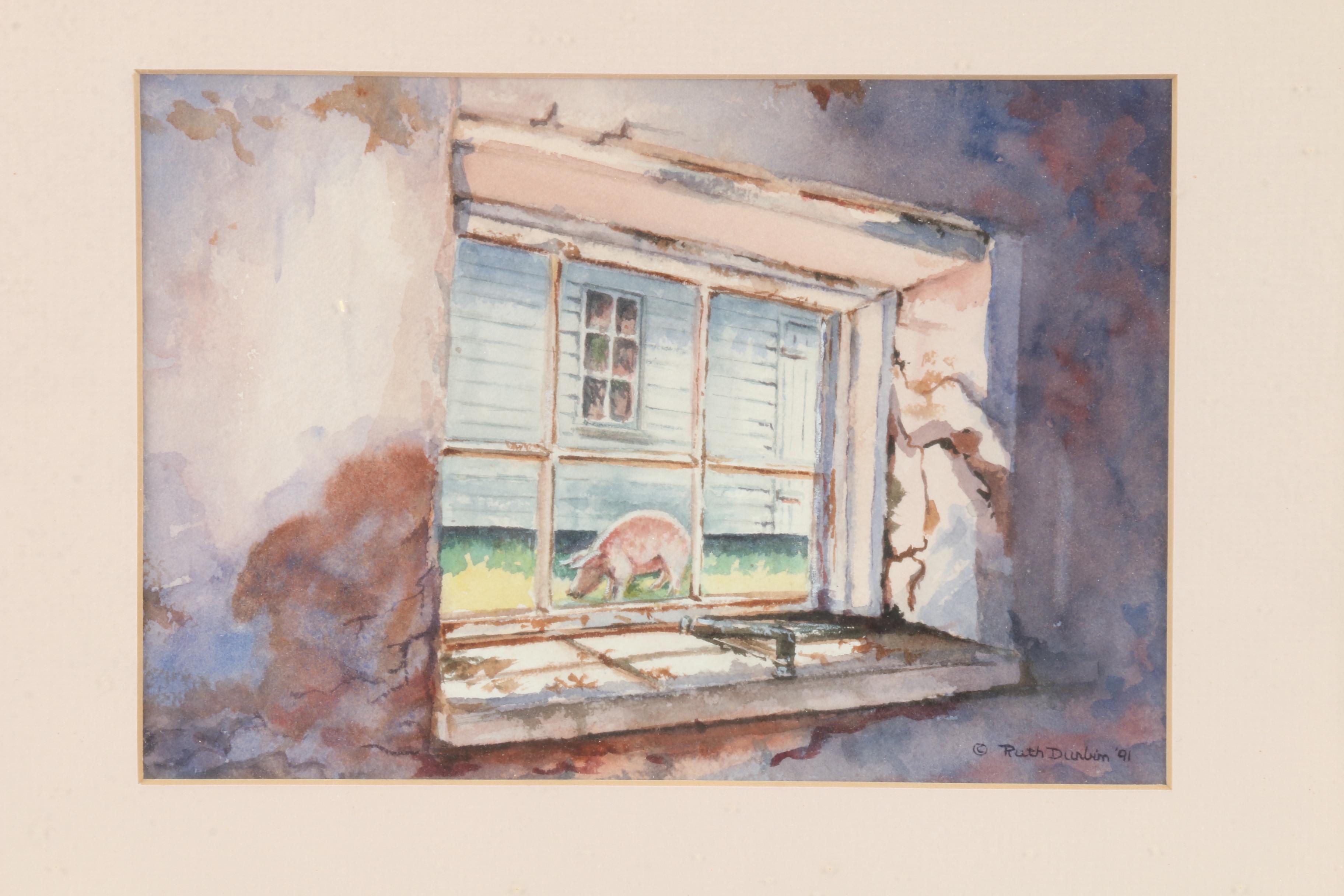 Ruth Durbin 1991 Watercolor Painting "Pig in the Window"