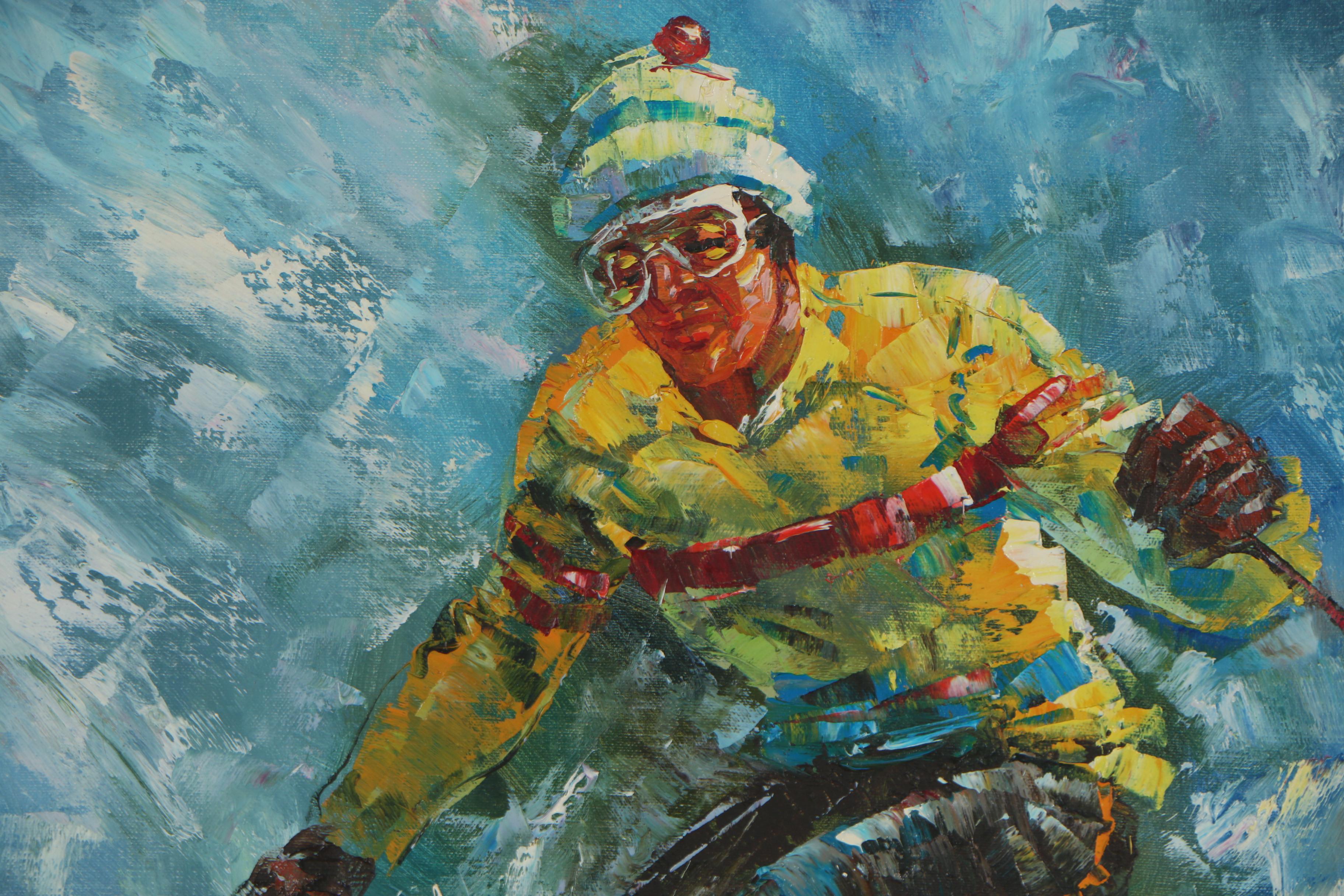 F. Dressen Oil Painting of a Skier, Circa 1970