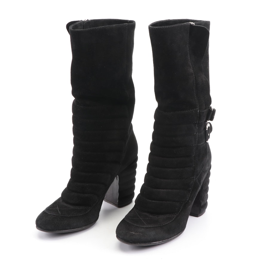 Laurence Dacade Paris Quilted Black Suede Boots with Buckle Straps
