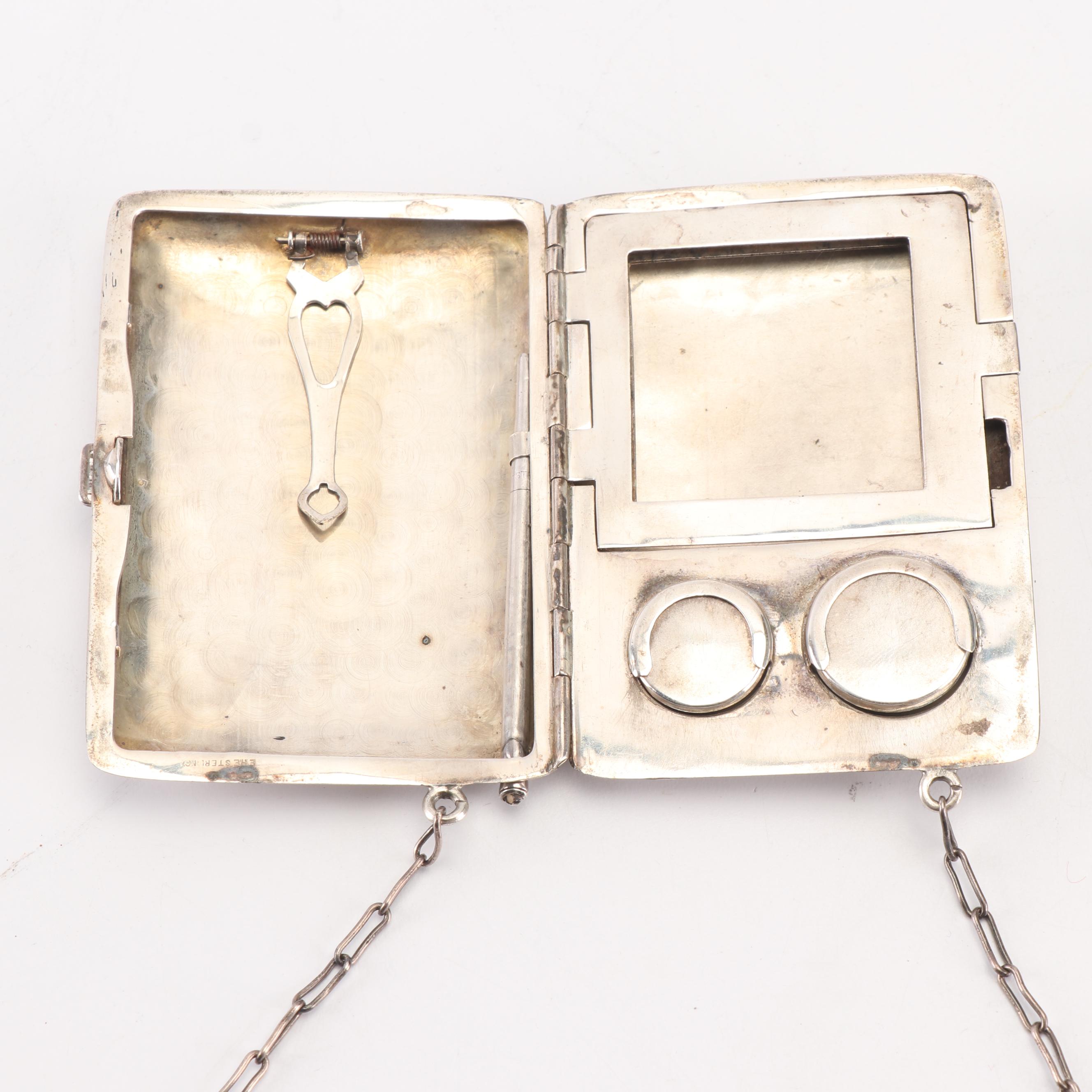 Sterling Silver Chatelaine Compact Coin Purse, Early 20th Century
