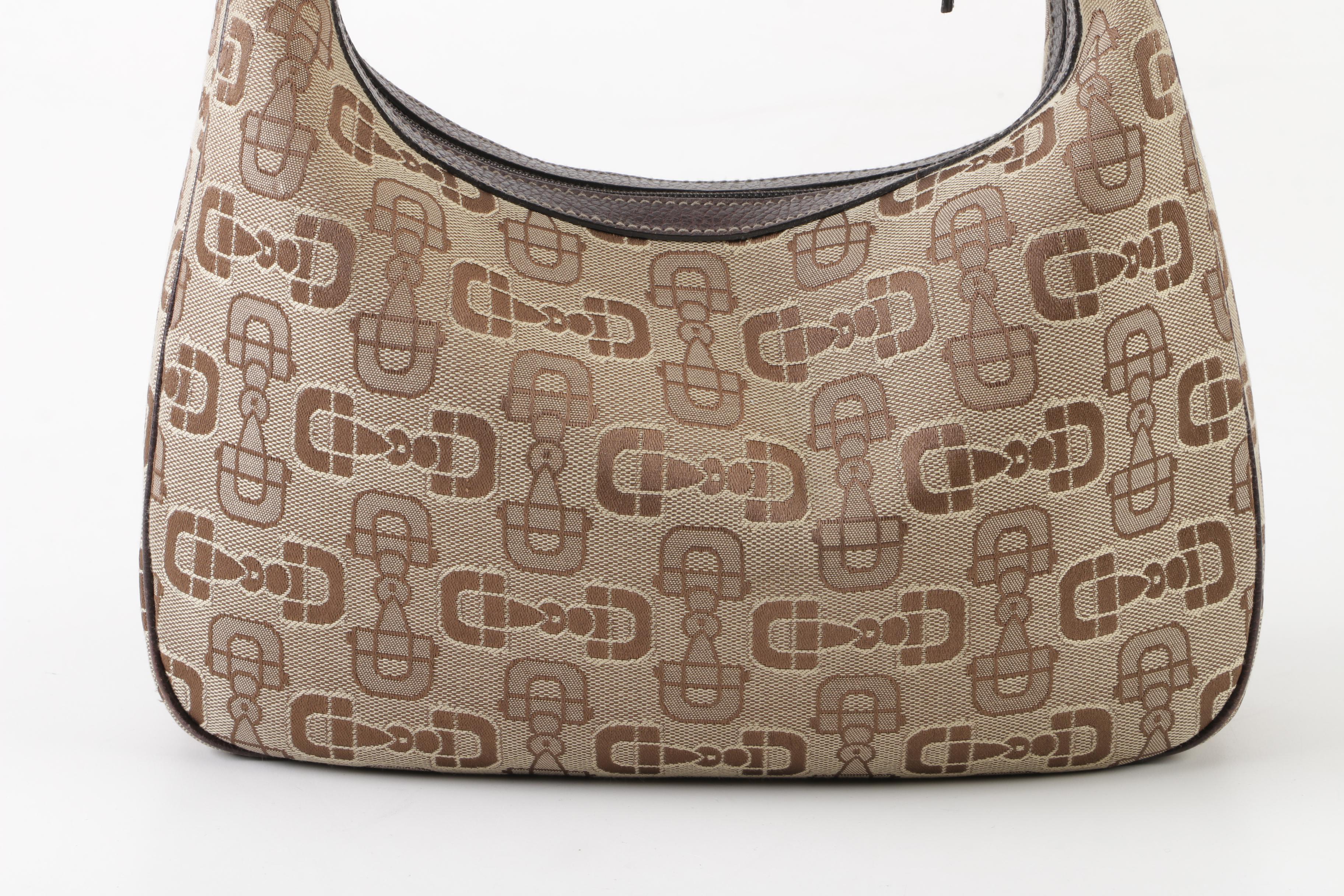 Gucci Horsebit Monogram Canvas and Grained Leather Hobo Bag, Made in Italy