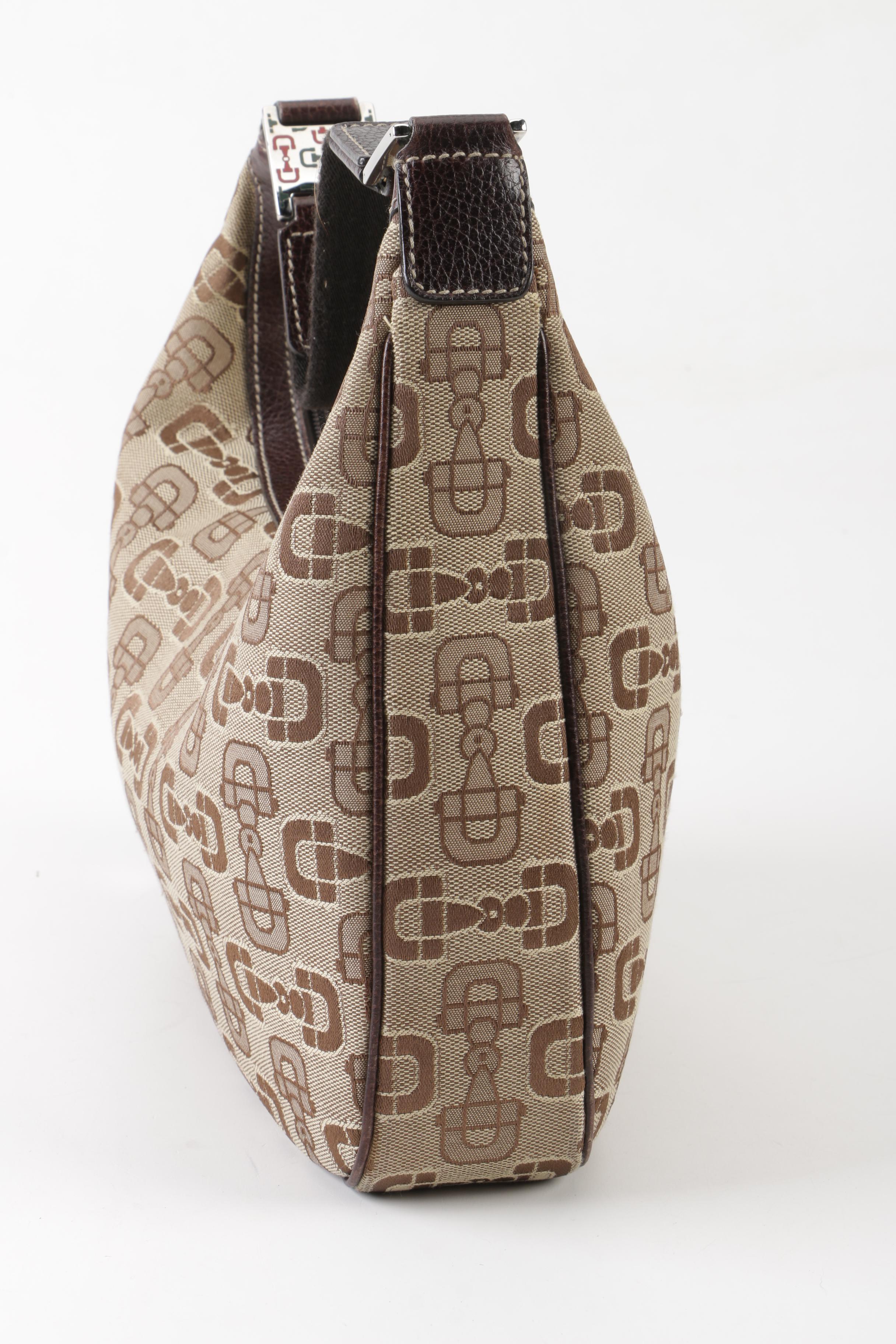 Gucci Horsebit Monogram Canvas and Grained Leather Hobo Bag, Made in Italy