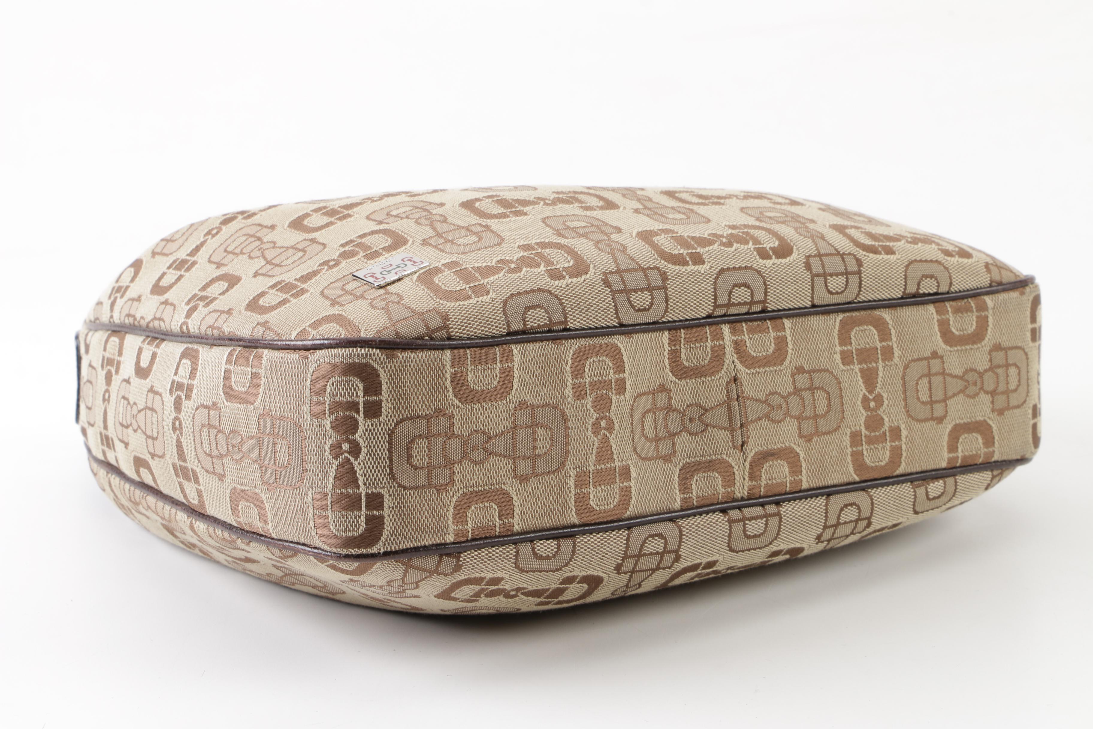 Gucci Horsebit Monogram Canvas and Grained Leather Hobo Bag, Made in Italy