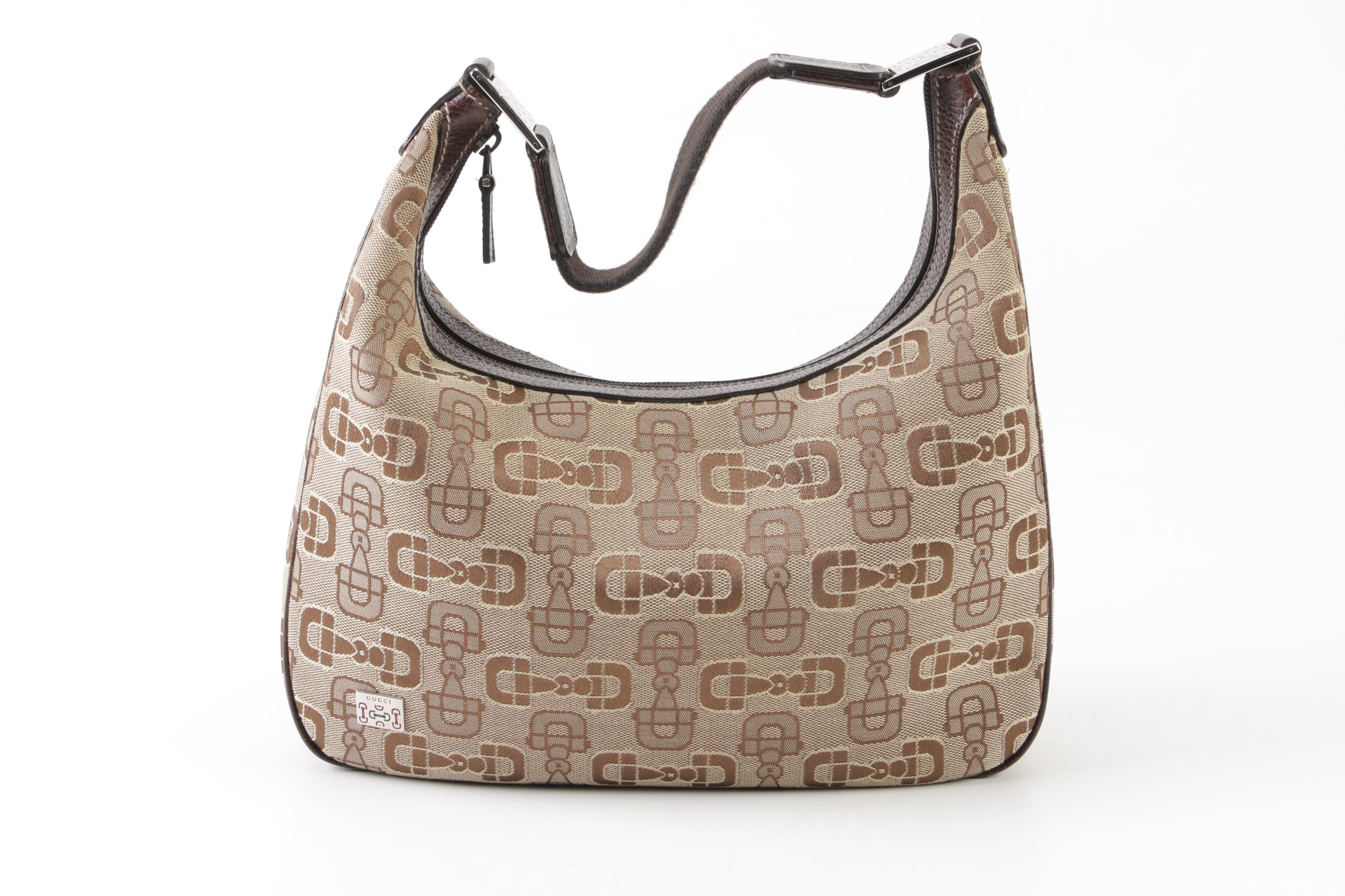 Gucci Horsebit Monogram Canvas and Grained Leather Hobo Bag, Made in Italy