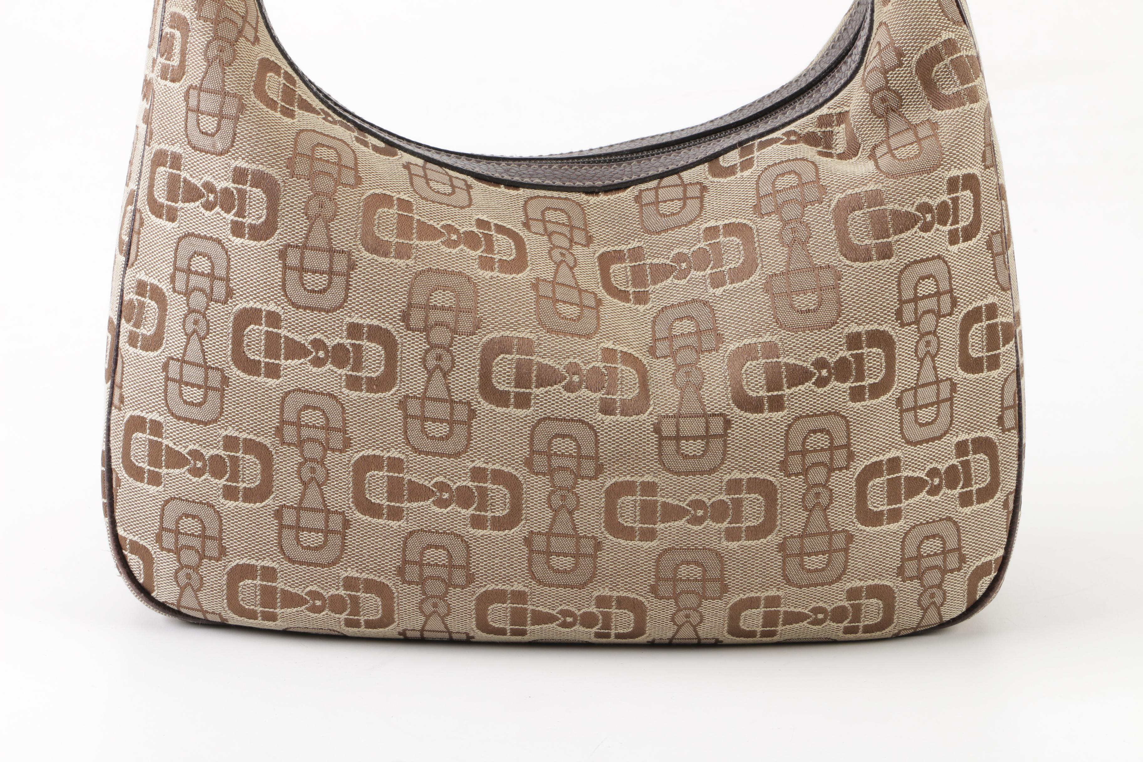 Gucci Horsebit Monogram Canvas and Grained Leather Hobo Bag, Made in Italy