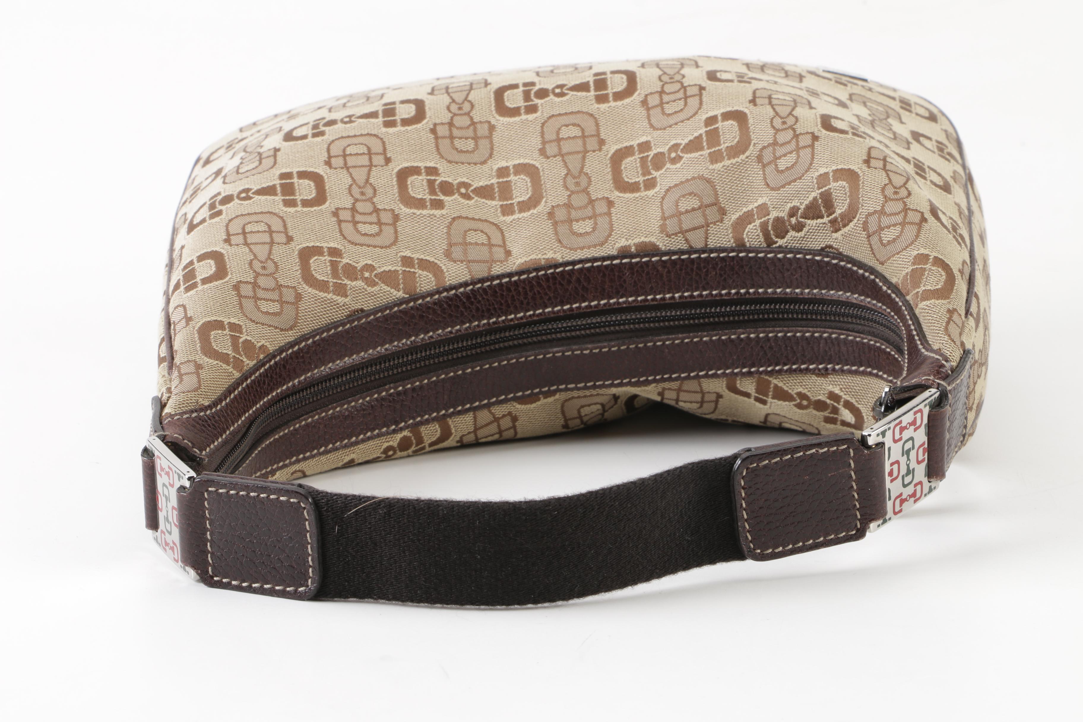 Gucci Horsebit Monogram Canvas and Grained Leather Hobo Bag, Made in Italy