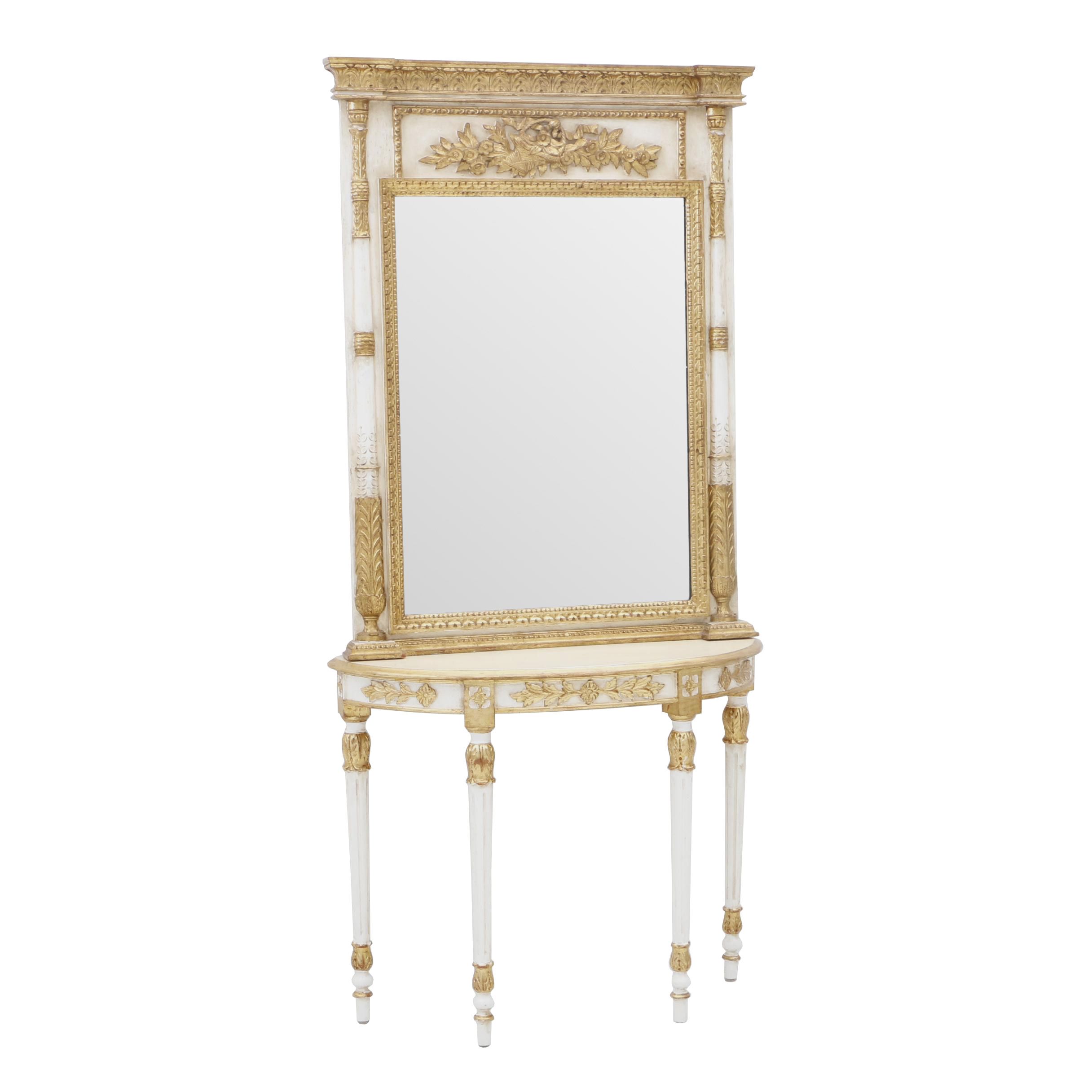 Contemporary Louis XVI Style Painted Compostion and Wood Mirror and Console