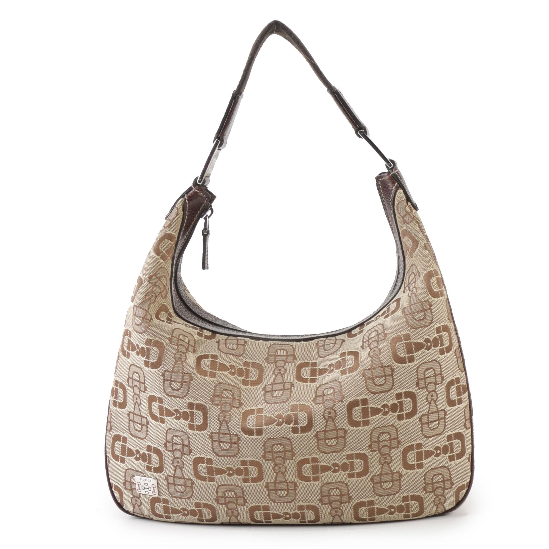 Gucci Horsebit Monogram Canvas and Grained Leather Hobo Bag, Made in Italy
