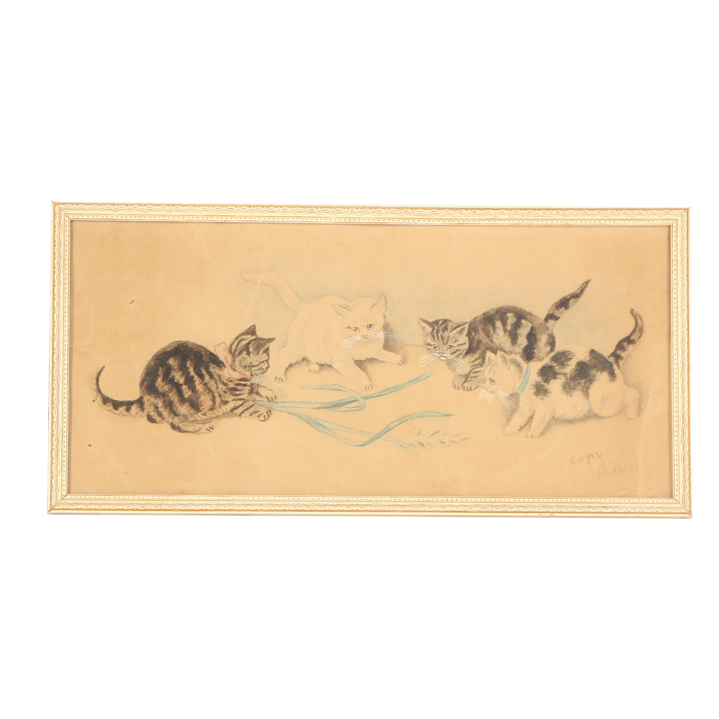 1897 Albumen Photograph and Pastel Drawing of Cats